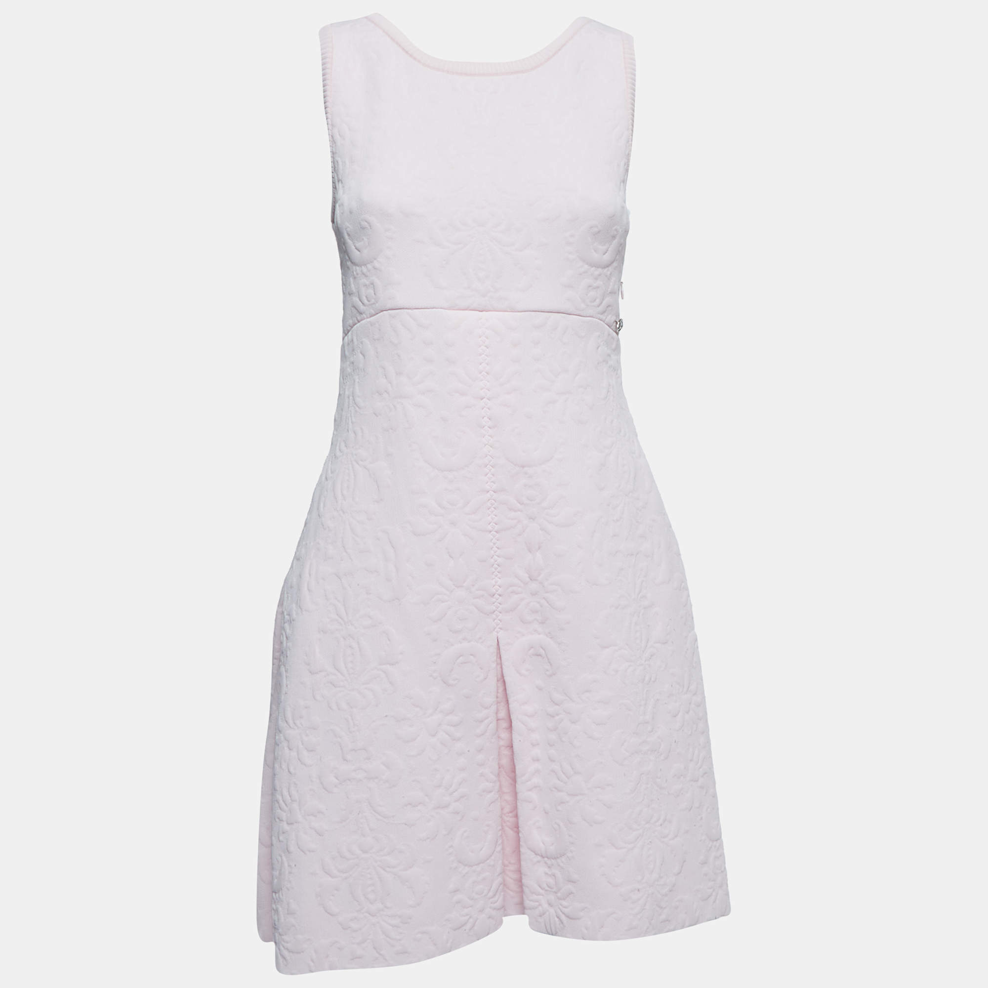 Pre Owned Chanel Light Pink Floral Embossed Knit Sleeveless Flared Mini Dress M
