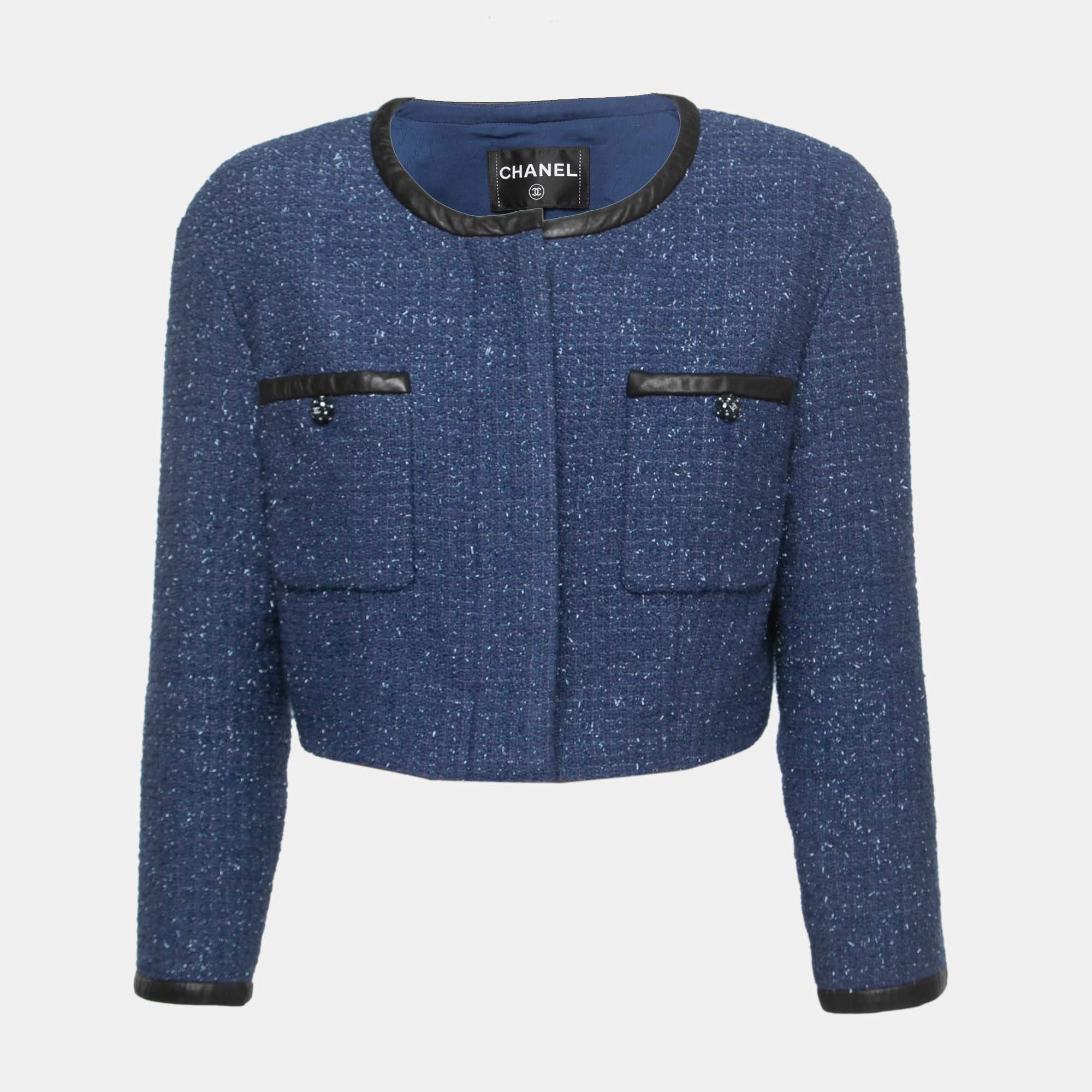 Chanel Blue/Metallic Tweed Lambskin Trimmed Cropped Jacket XL
