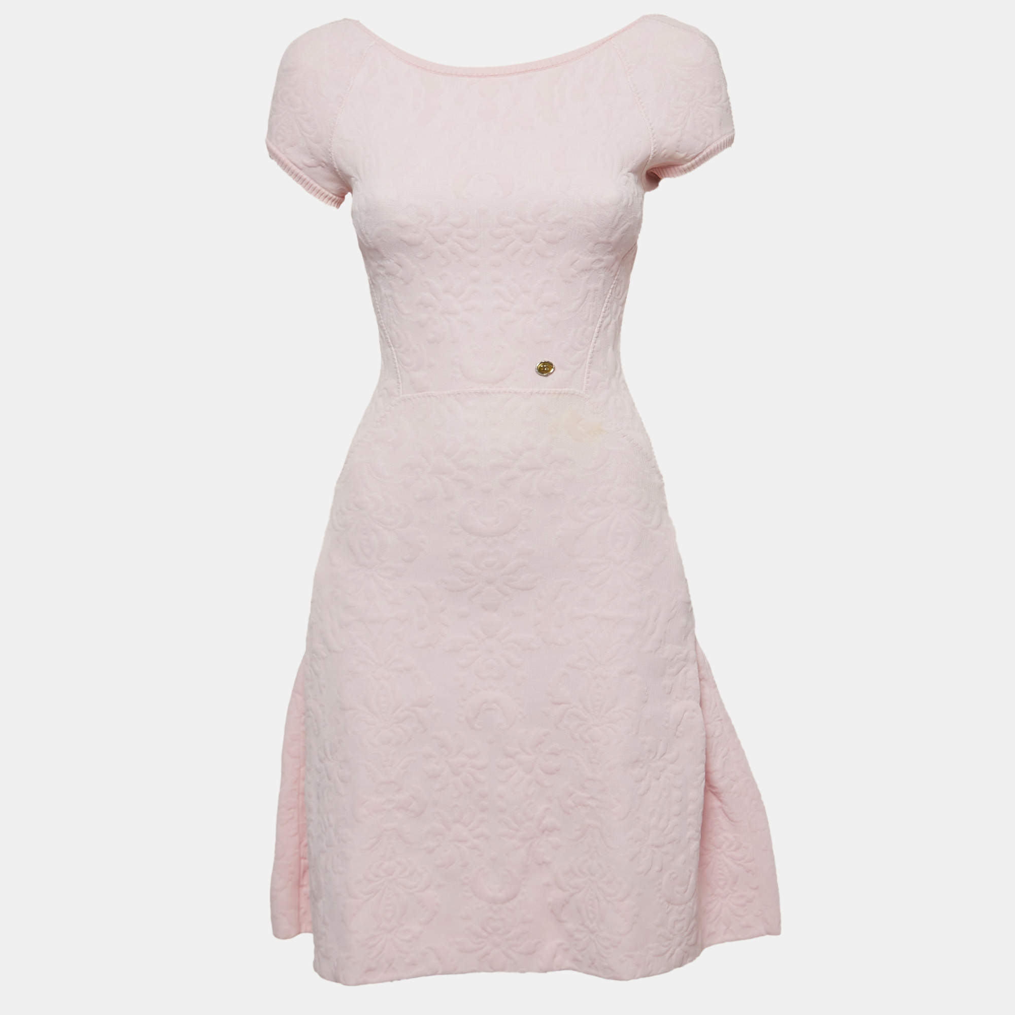 Pre Owned Chanel Pink Jacquard Knit Flared Mini Dress XS