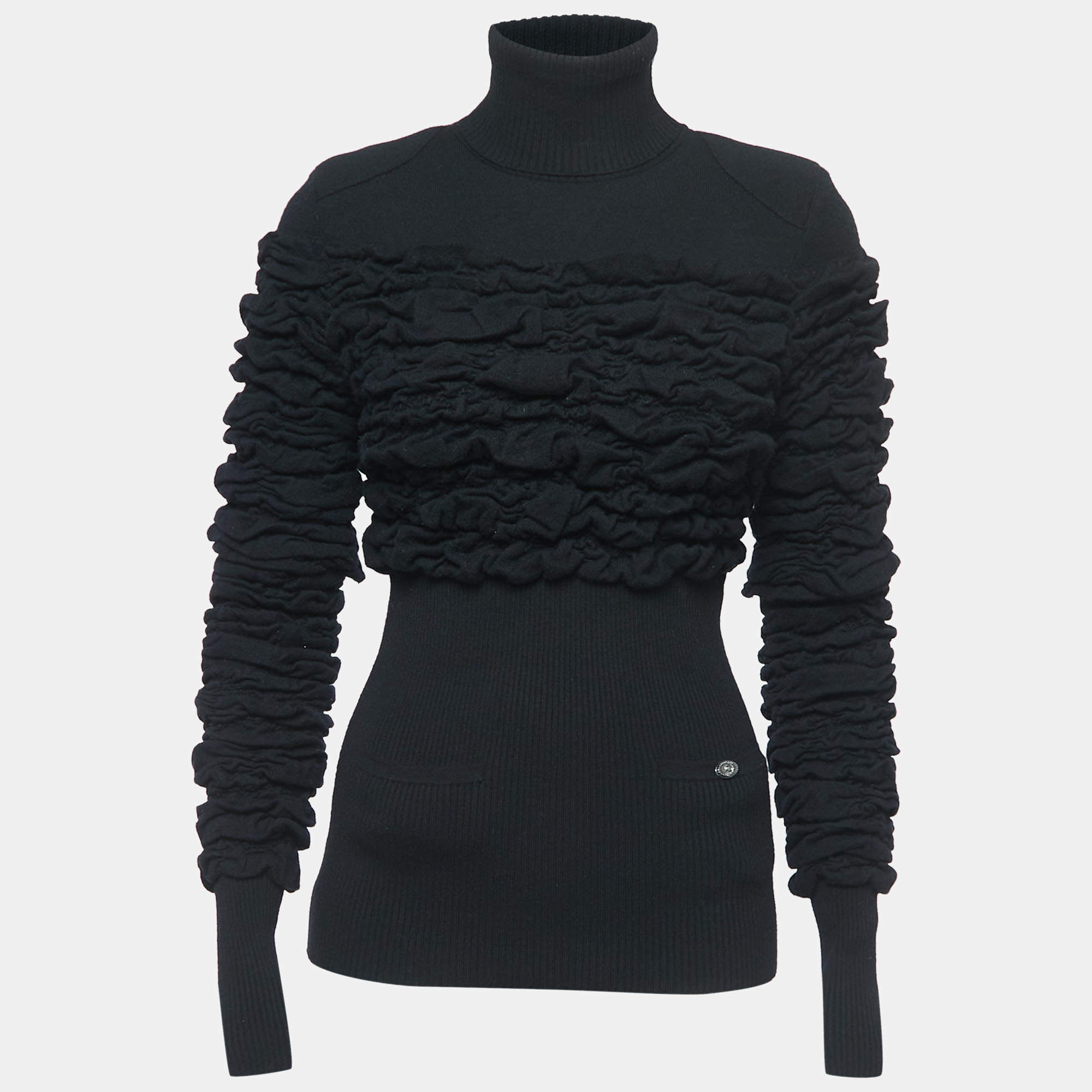 Chanel Black Wool Shirred Turtle Neck Sweater Top S