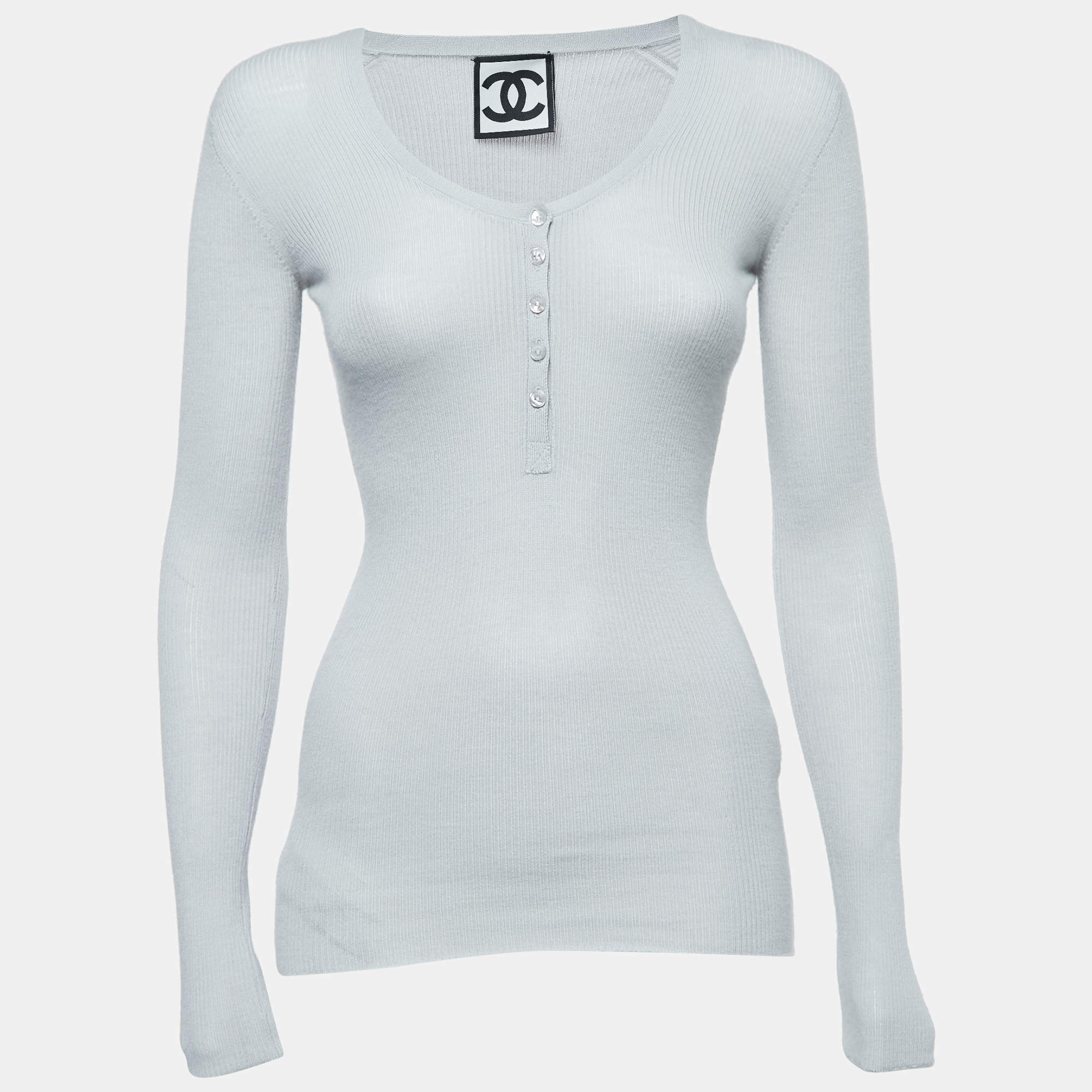 Pre Owned Chanel Sports Grey Cashmere Knit Long Sleeve Top XS