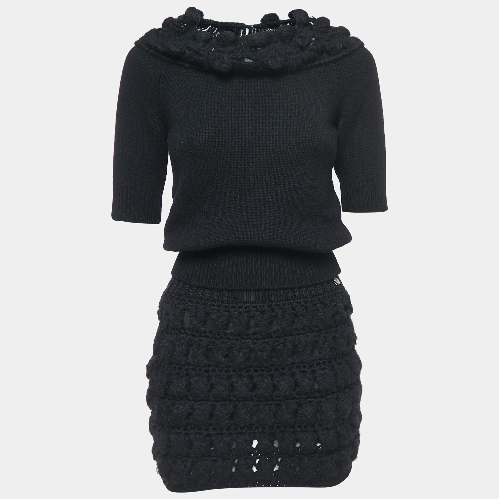 Pre Owned Chanel Black Cashmere Wool Knit Top & Skirt Set S