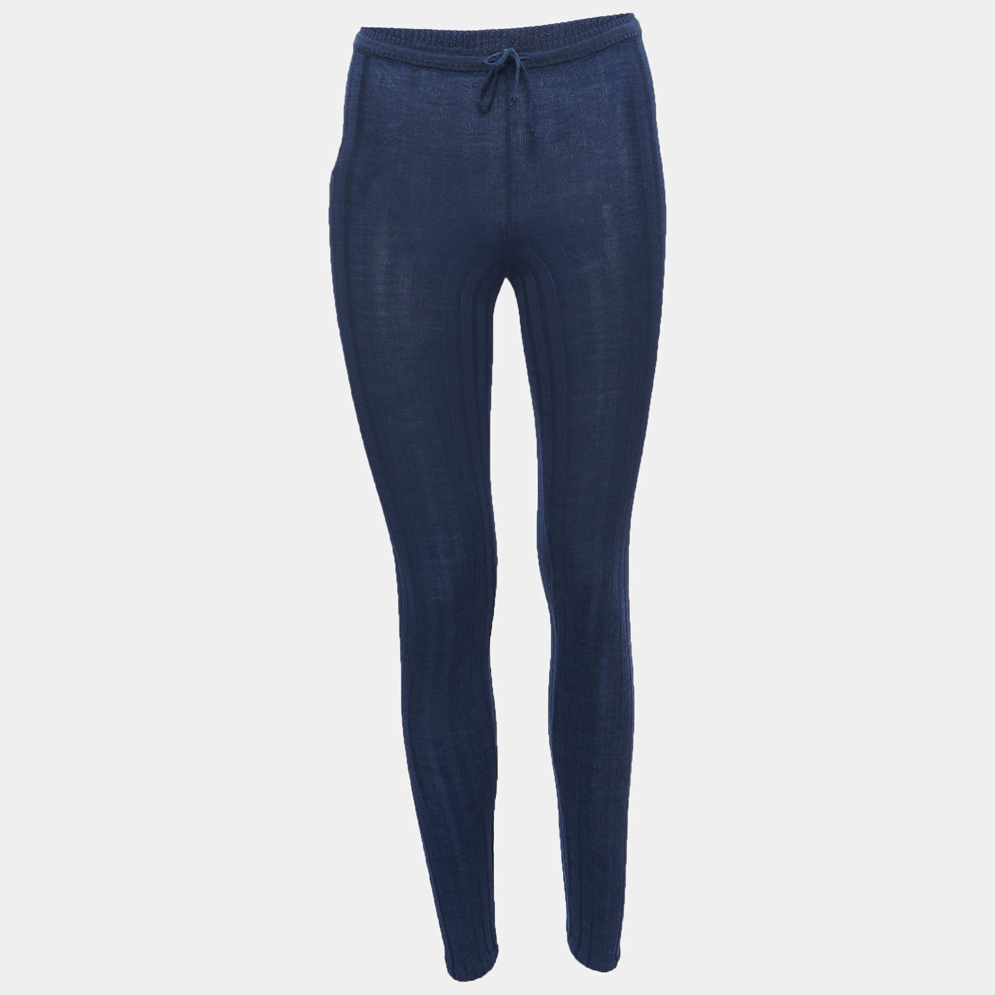 Chanel Blue Ribbed Knit Leggings XS
