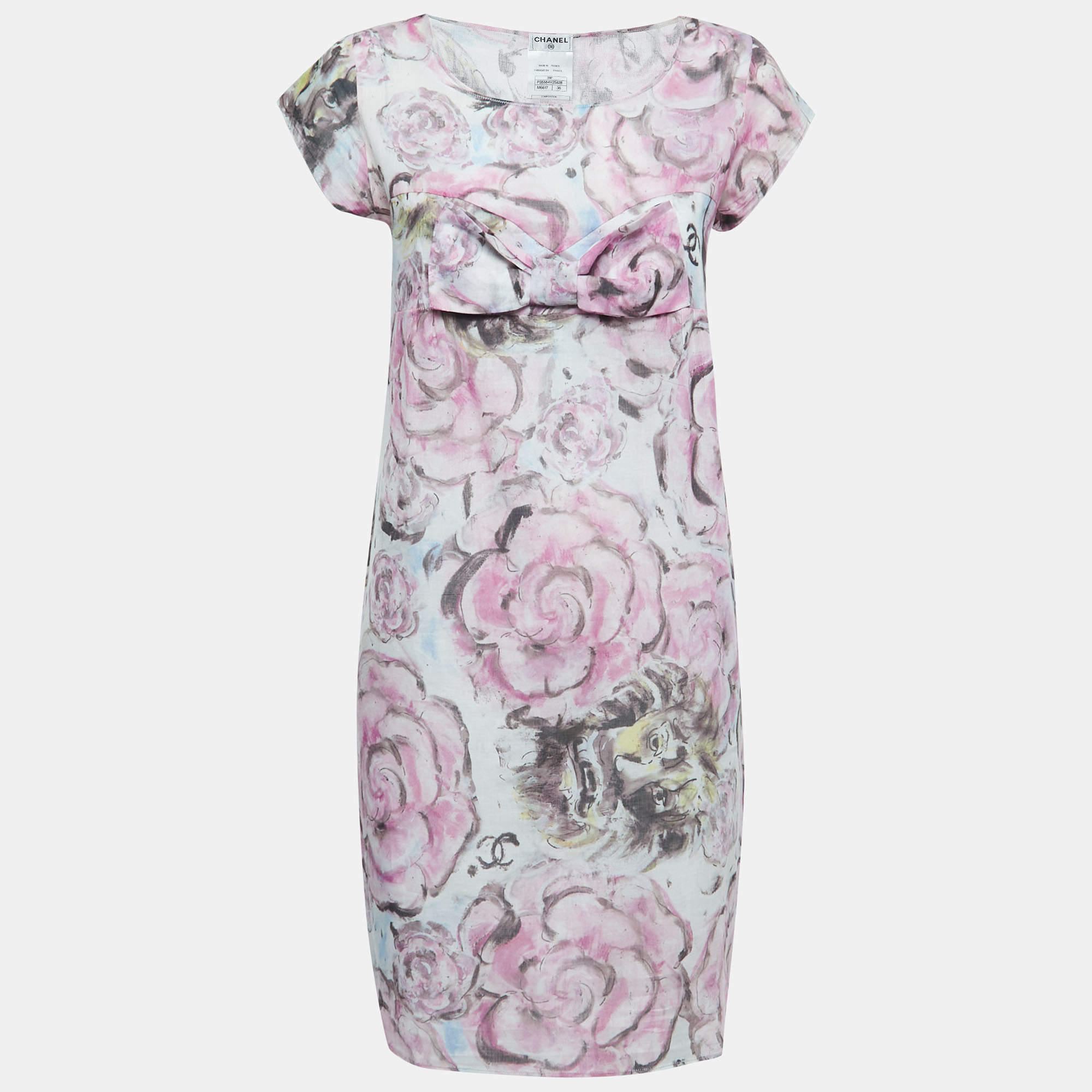 Chanel Pink Camelia Print Cotton Bow-Detail Dress S Chanel
