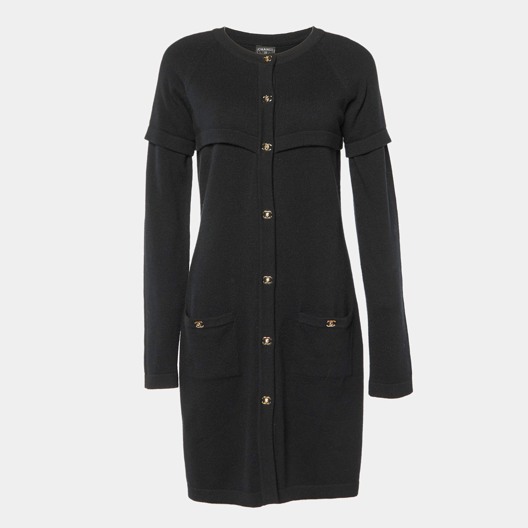 Chanel Black Cashmere Knit Button Front Midi Dress M