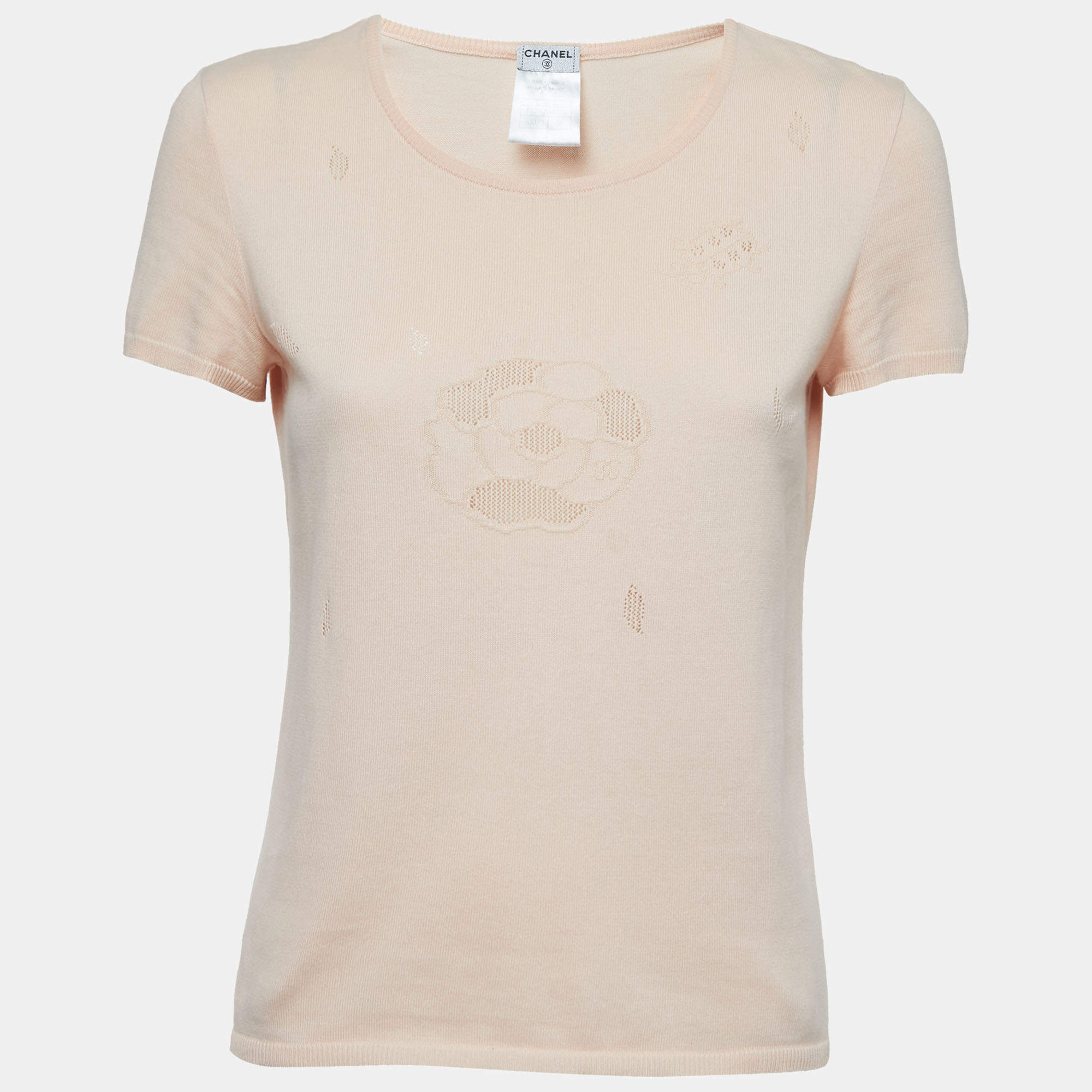 Chanel Light Orange Patterned Knit Short Sleeve Top M