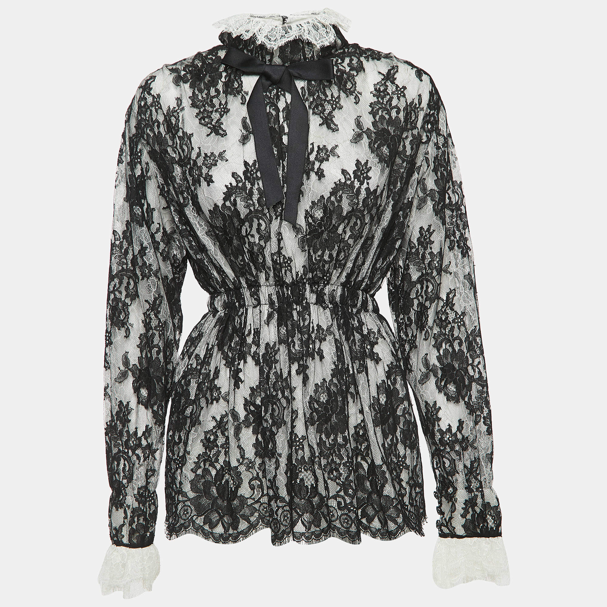 Chanel Black/White Floral Lace Elasticated Waist Salzburg Blouse L 
