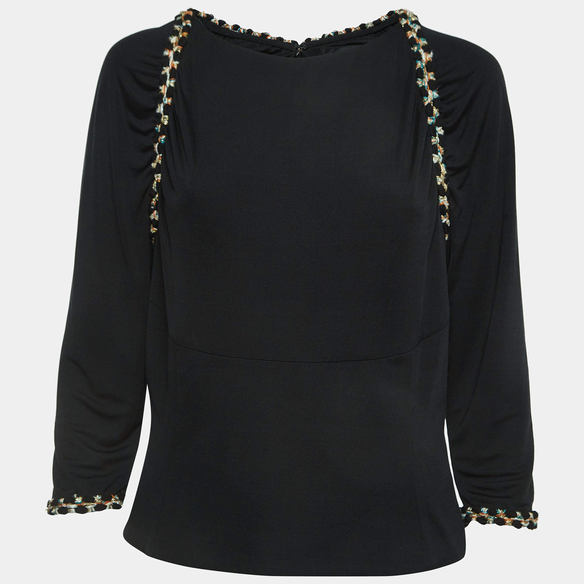 Chanel Black Silk Knit Size Zip Detailed Long Sleeve Top XL