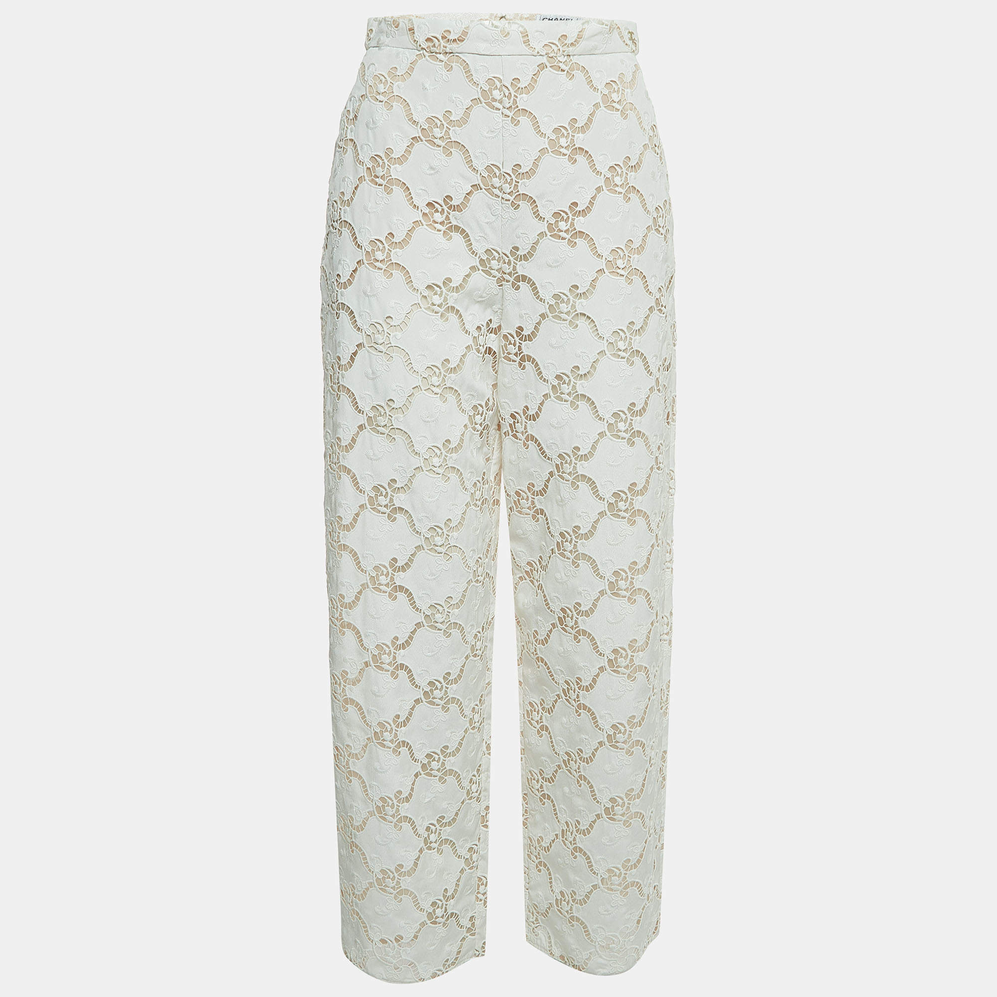 Pre Owned Chanel White Cut-out Cotton Blend Palazzo Pants S