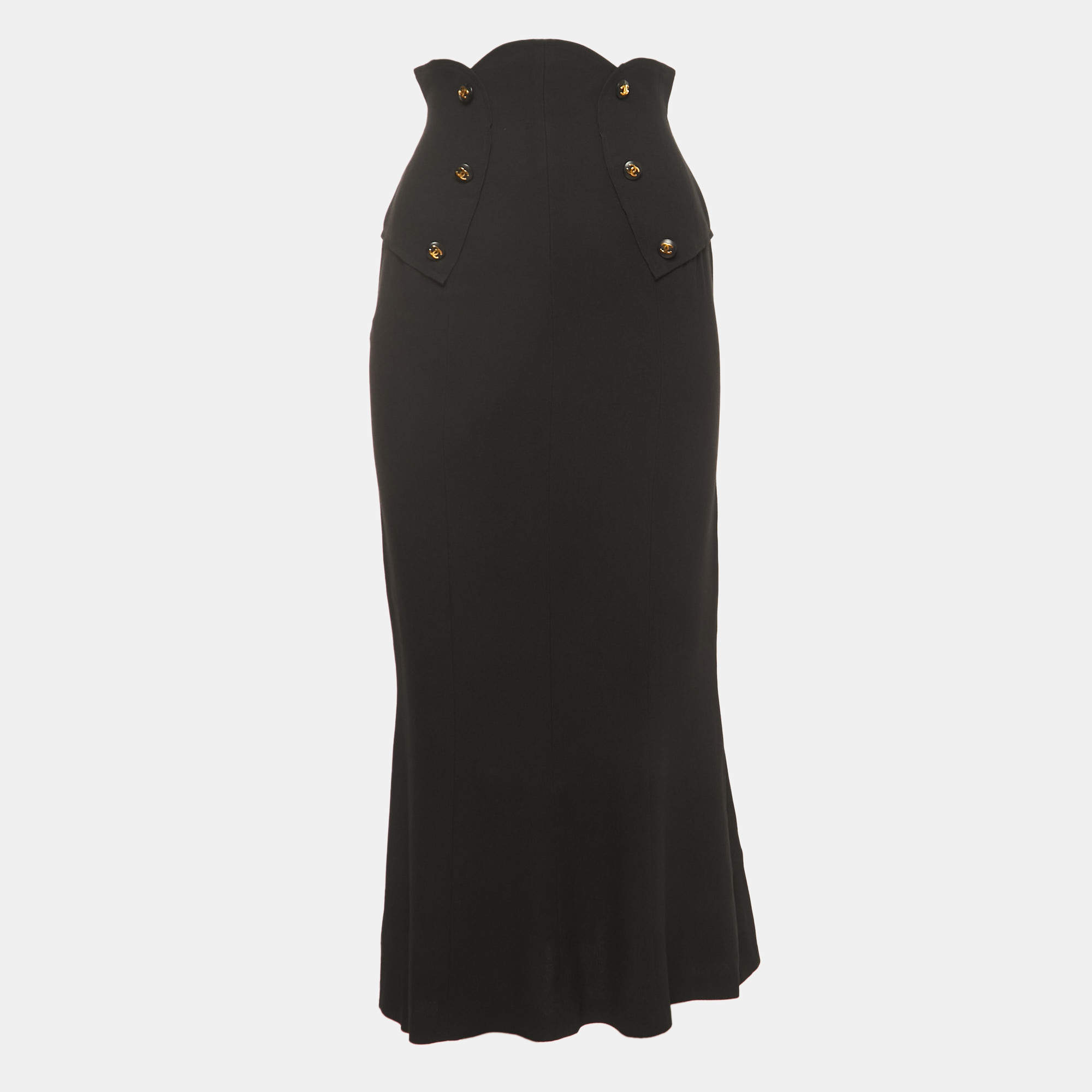 Chanel Vintage Black Wool Button Embellished Flared Pencil Skirt XS