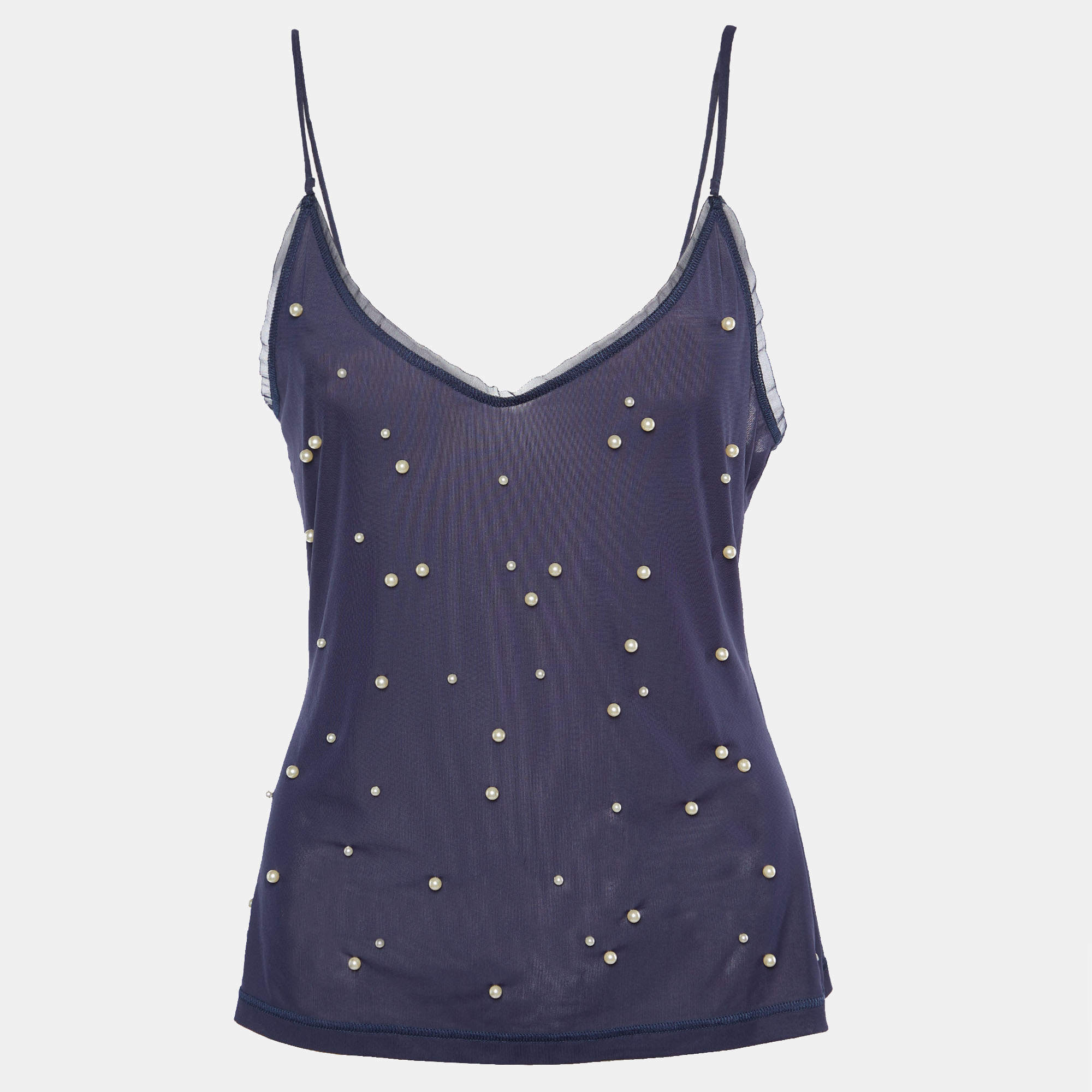 Chanel Navy Blue Pearl Embellished Jersey Camisole Top M