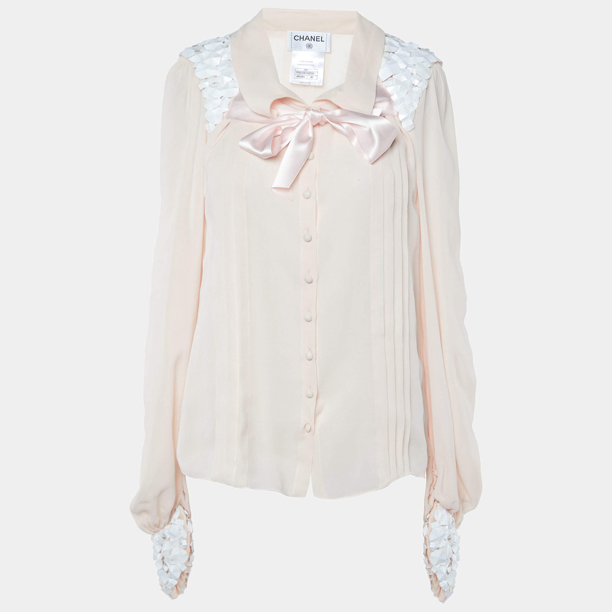 Chanel Pale Pink Silk Embellished Button Front Blouse M