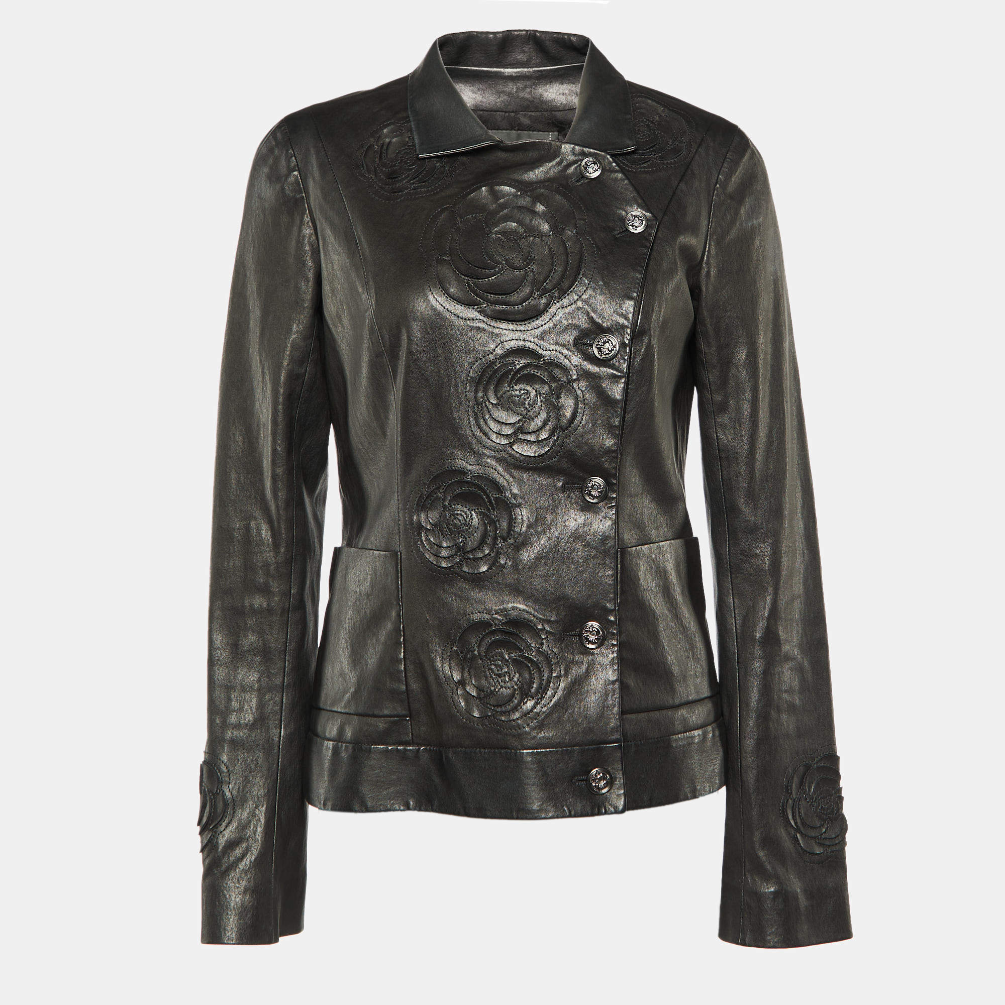 Pre Owned Chanel Black Camelia Cutout Leather Button Front Jacket M