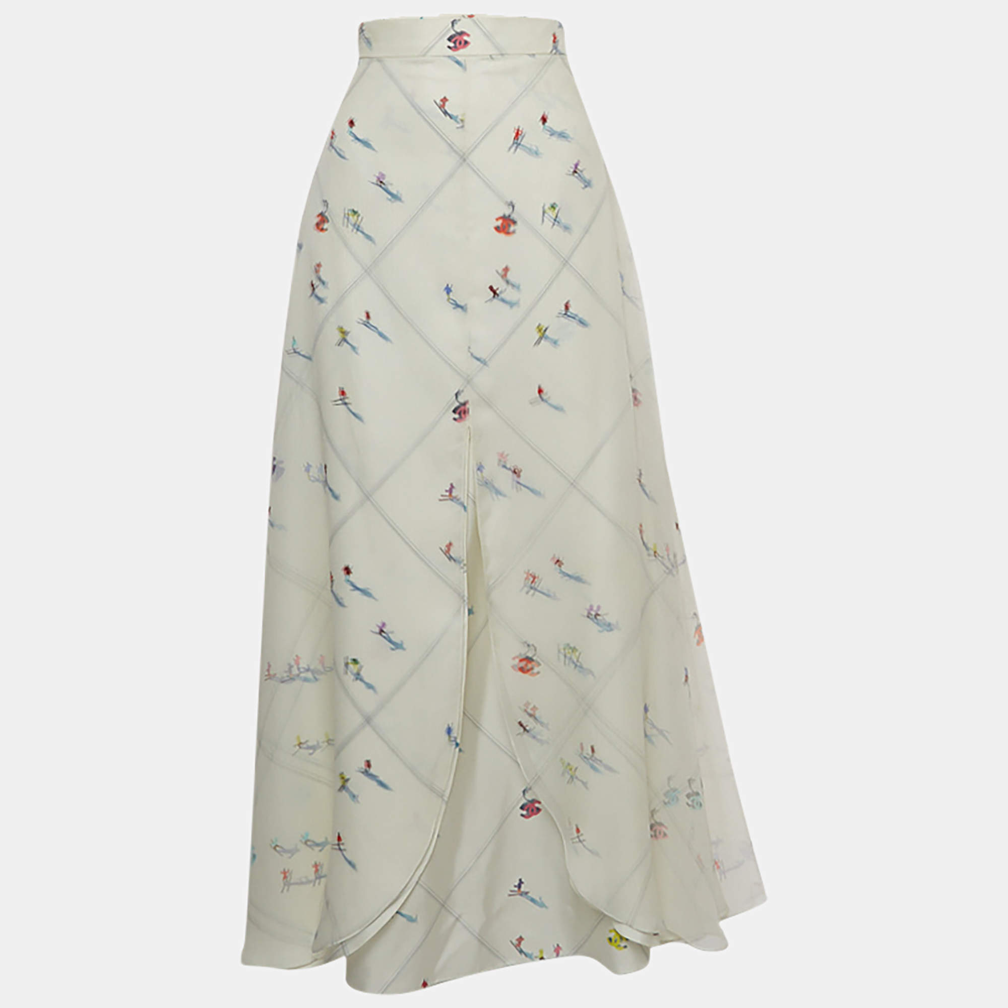 Chanel White Ski Printed Chiffon Maxi Skirt M
