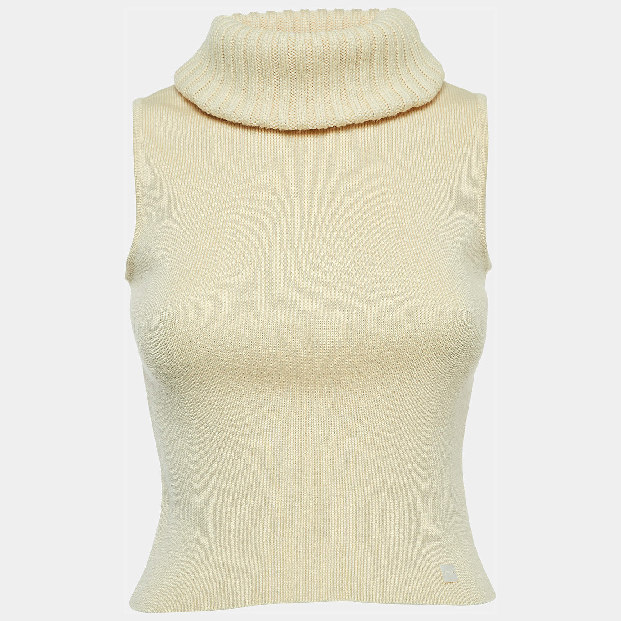 Pre Owned Chanel Vintage Cream Wool Turtle Neck Sleeveless Sweater S