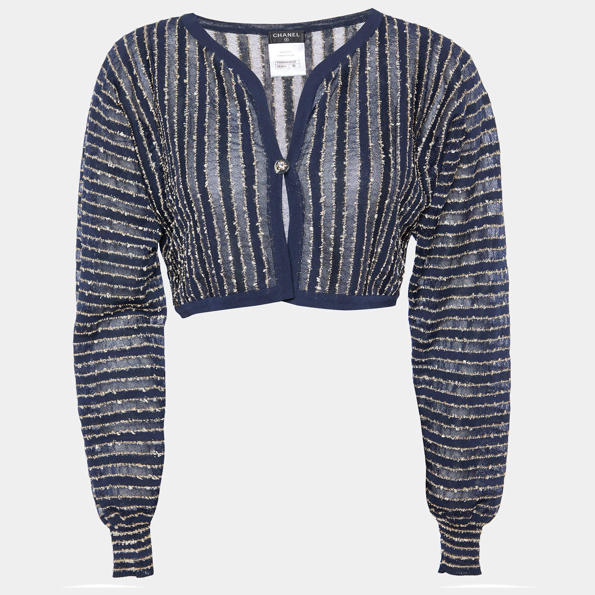 Chanel Navy Blue Striped Lurex Knit Button Front Shrug M