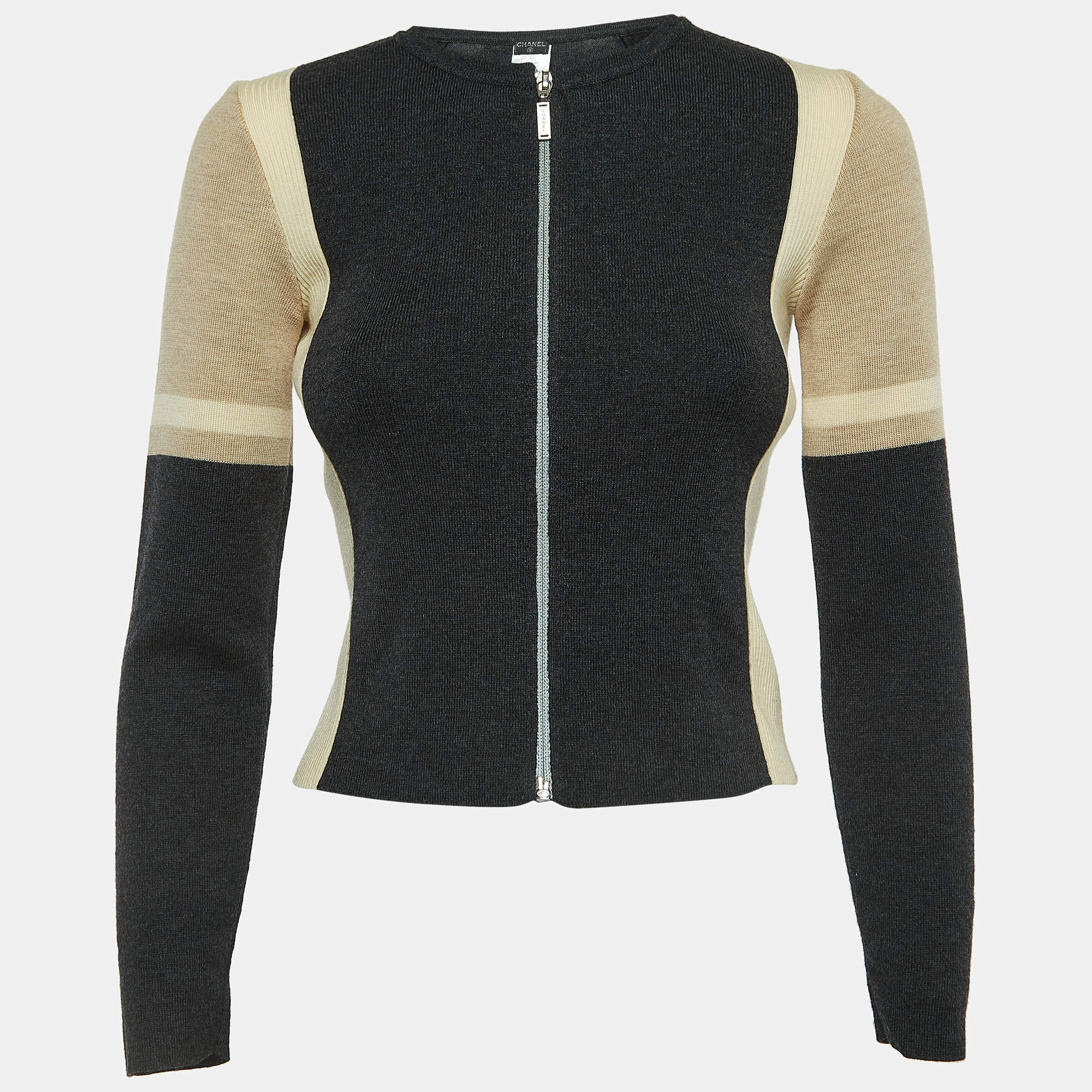 Chanel Beige/Grey Wool Zip Front Cardigan S