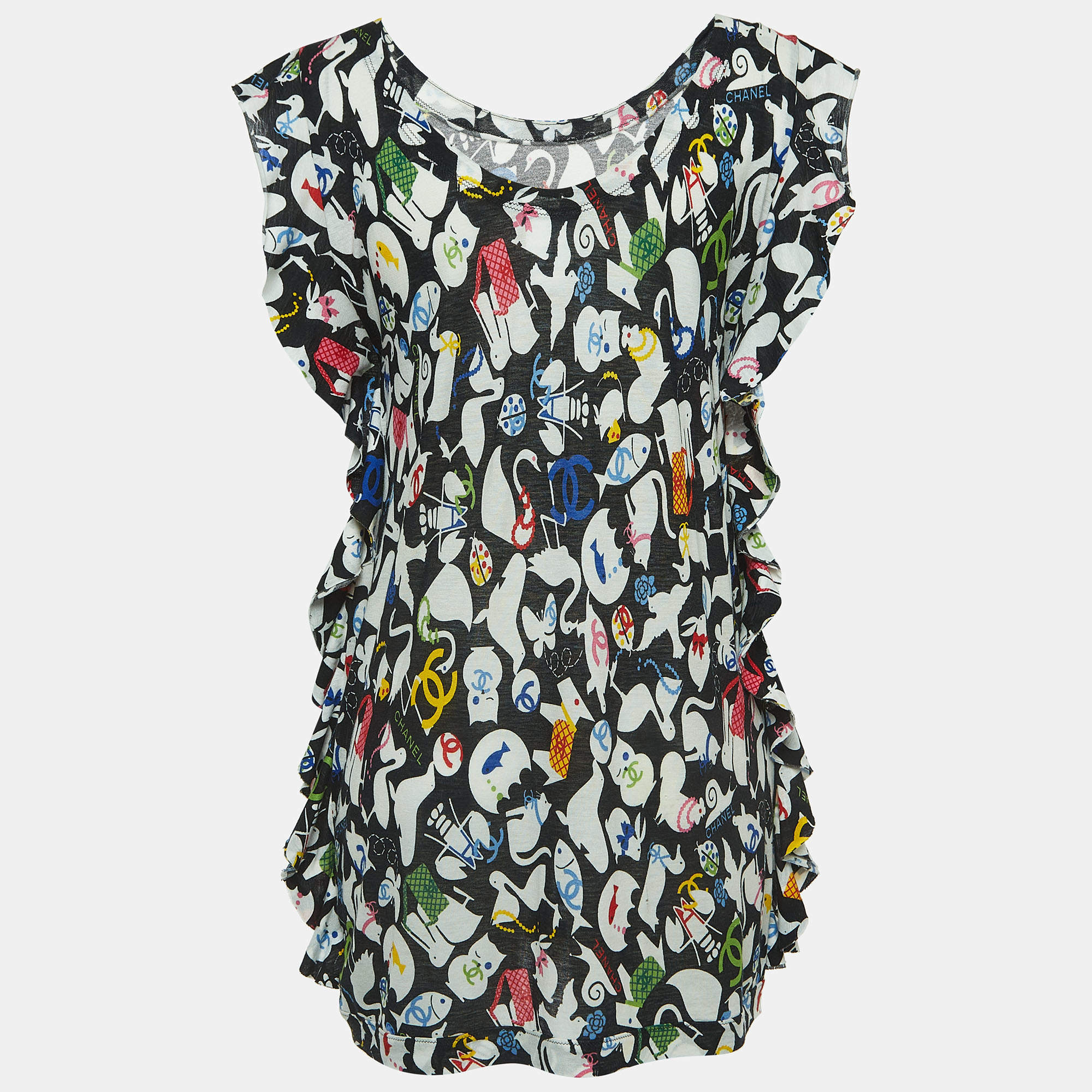 Pre Owned Chanel Black CC Illustration Print Cotton Jersey Ruffled Top L