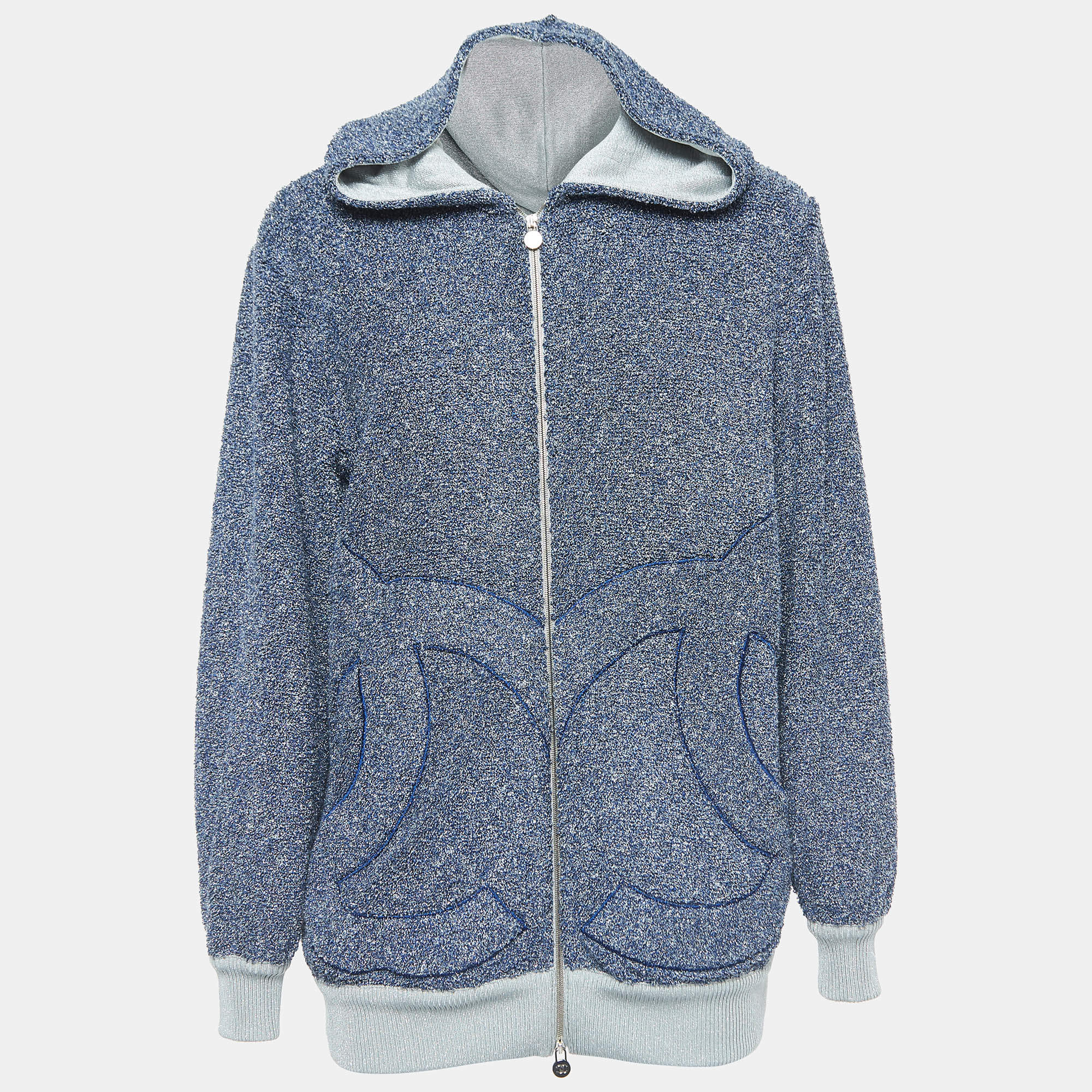 Pre Owned Chanel Blue/Metallic Terry Zip-Up Hoodie M