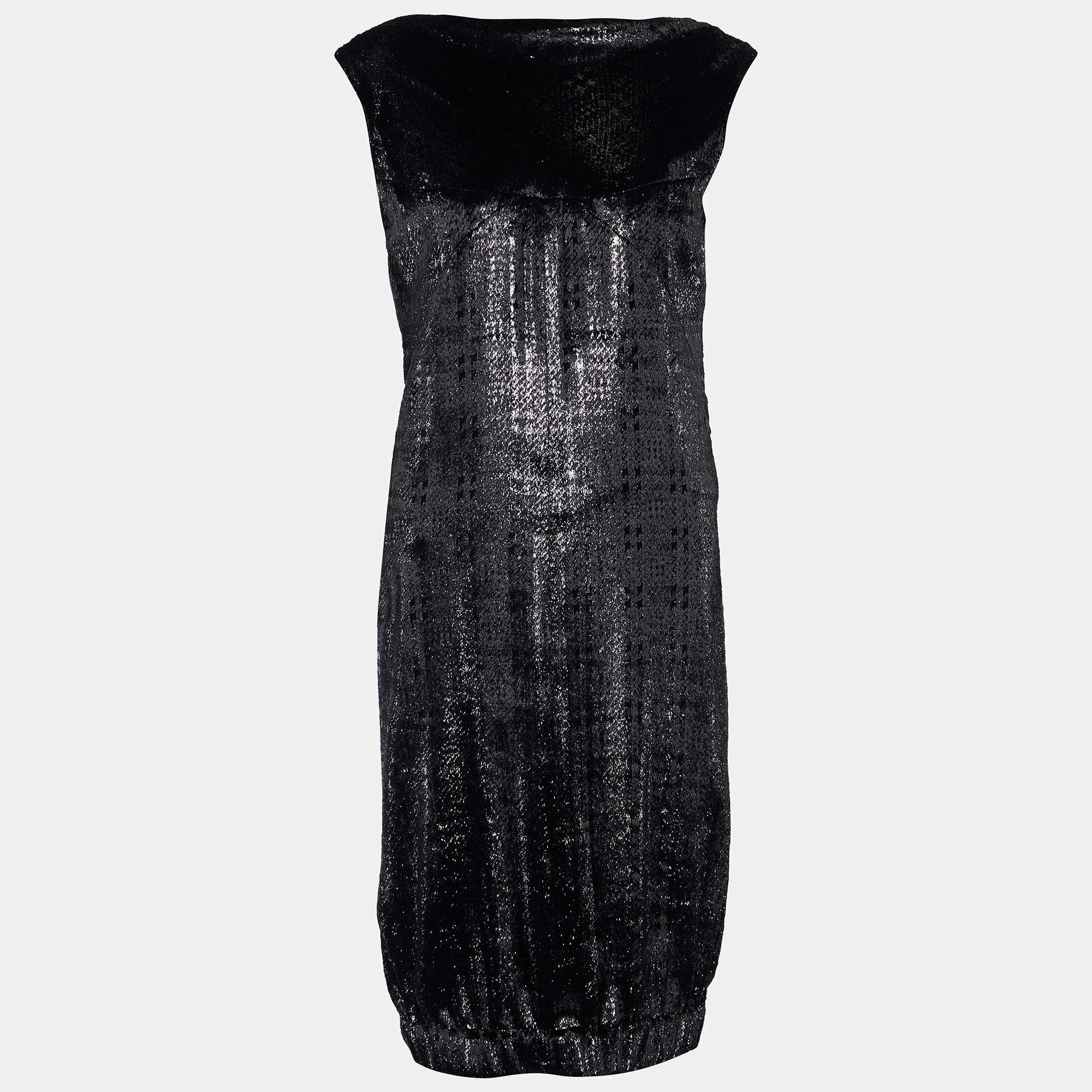 Chanel Metallic Black Bristled  Velvet Sleeveless Elasticated Hem Dress L