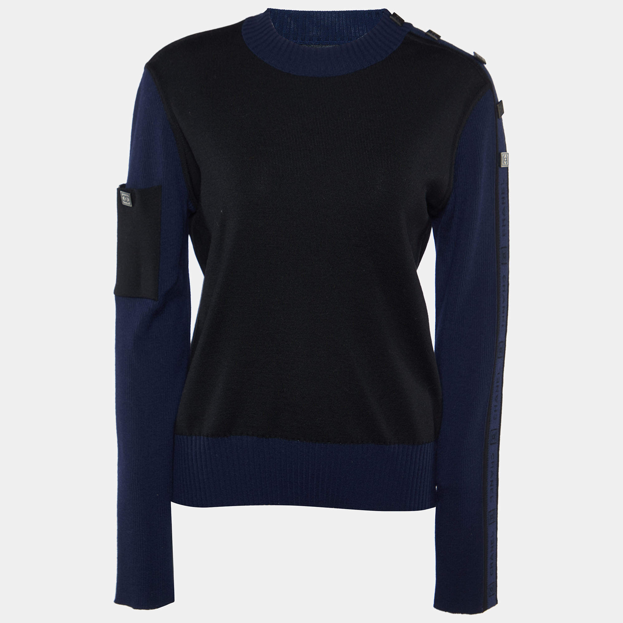 مملوكة مسبقًا Chanel Navy Blue/Black Logo Patterned Wool High Neck Sweater L