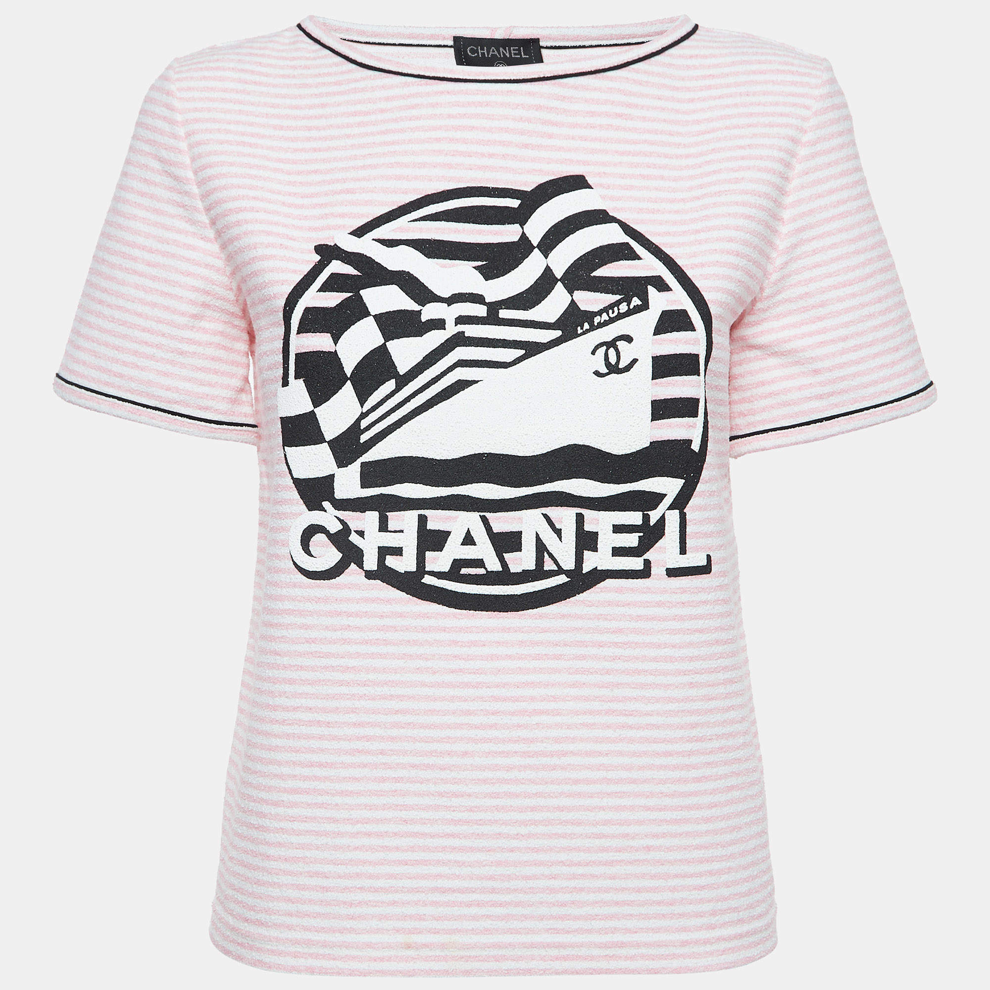 Pre Owned Chanel Pink Striped Logo Printed Terry T-Shirt S