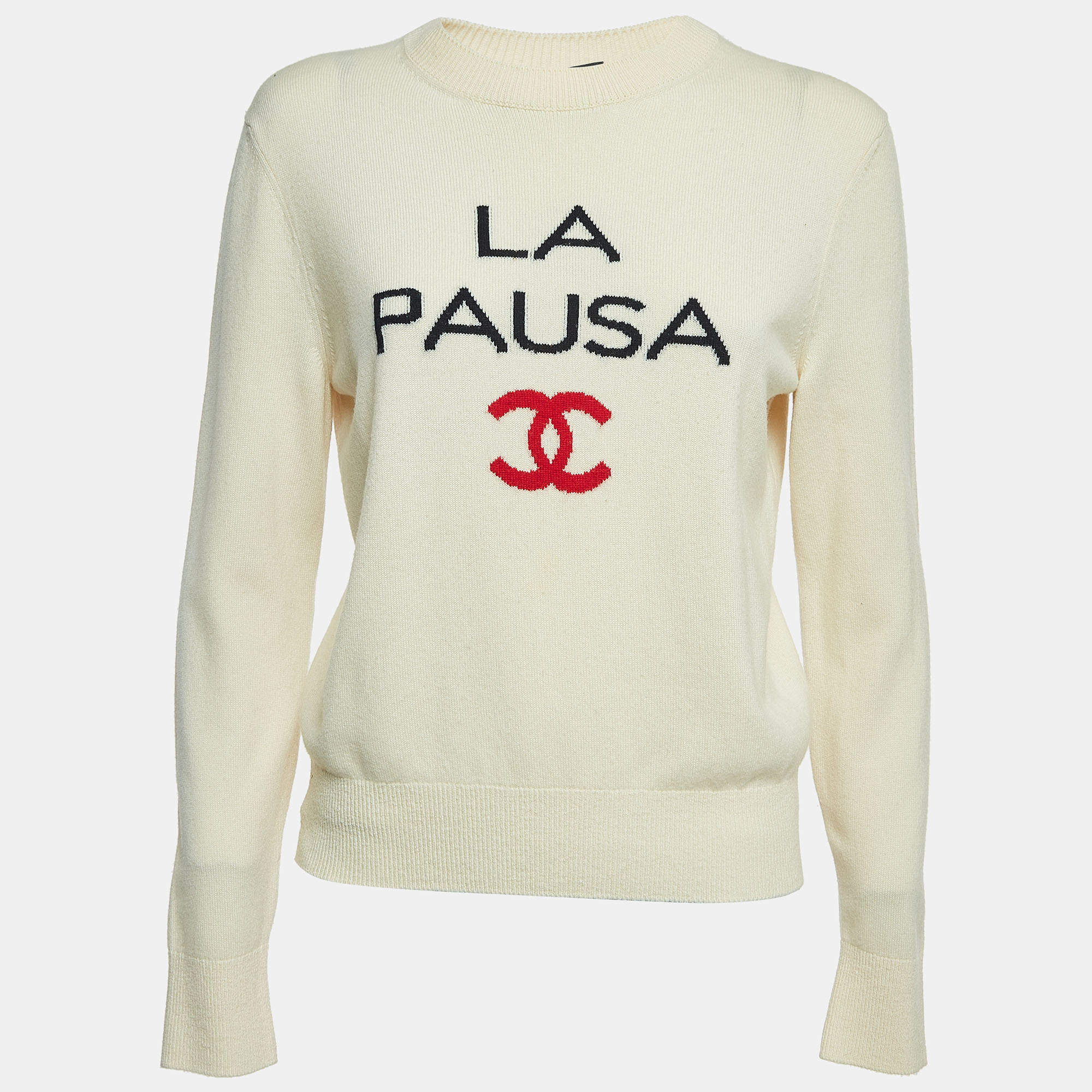 Chanel Cream La Pausa Patterned Cashmere Round Neck Sweater S