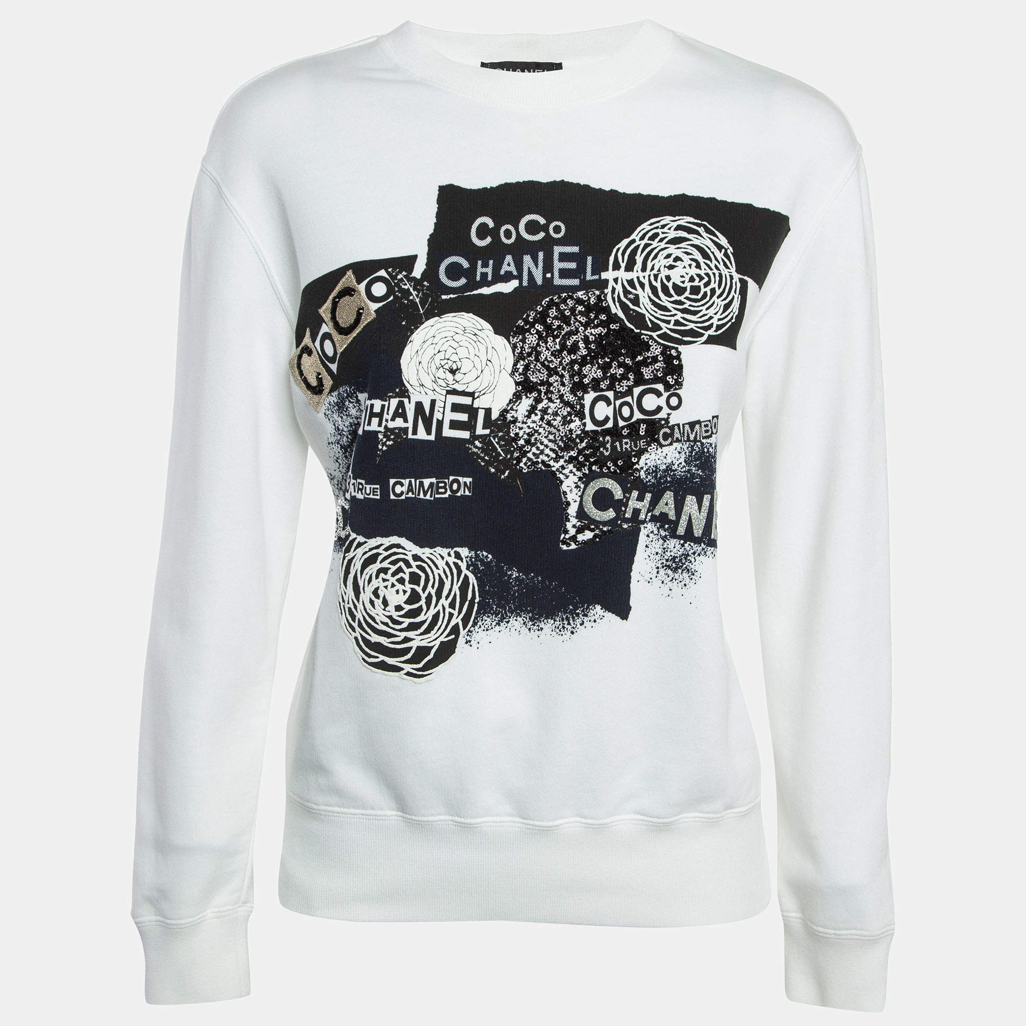 Chanel White Logo Embroidered Cotton Knit Sweatshirt XS