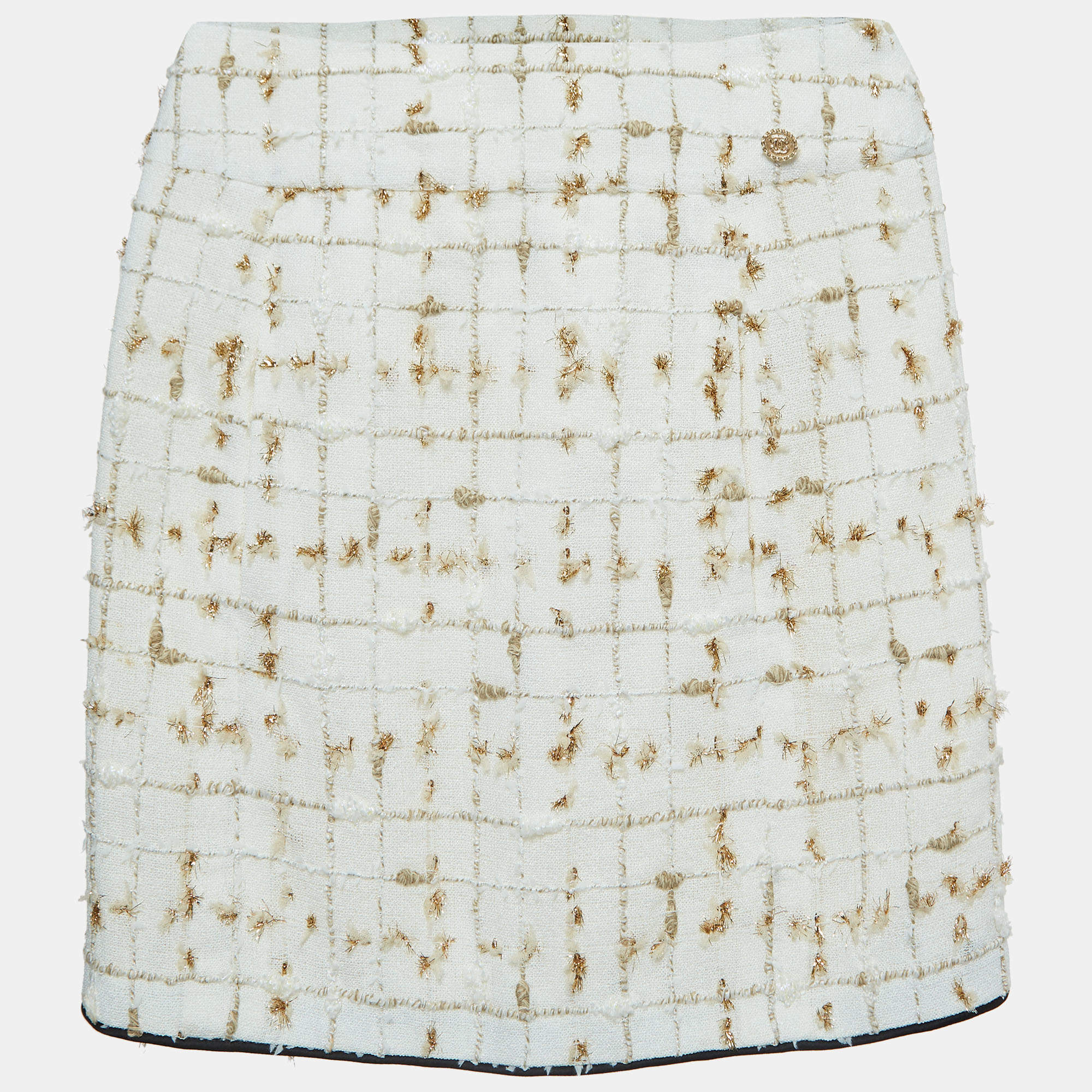 Pre Owned Chanel White/Gold Tweed Mini Skirt M