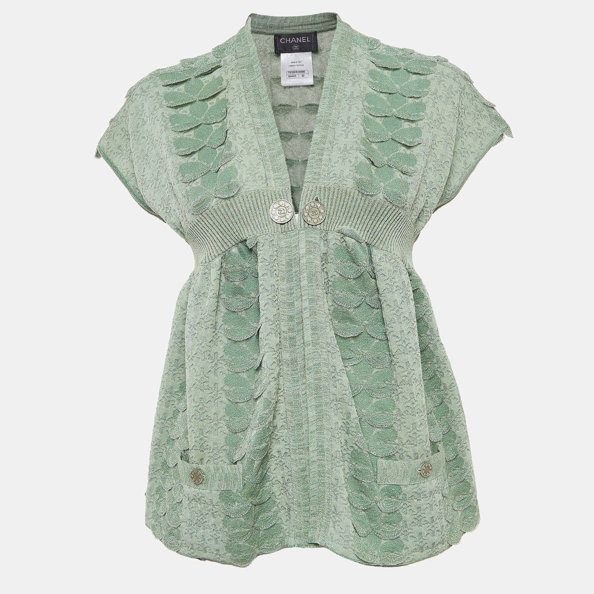 Chanel Green Lurex Knit Seoul Cruise Single Button Top L