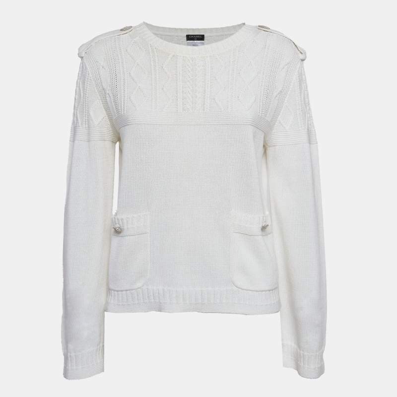 مملوكة مسبقًا Chanel White Cable Knit Crew Neck Sweater L