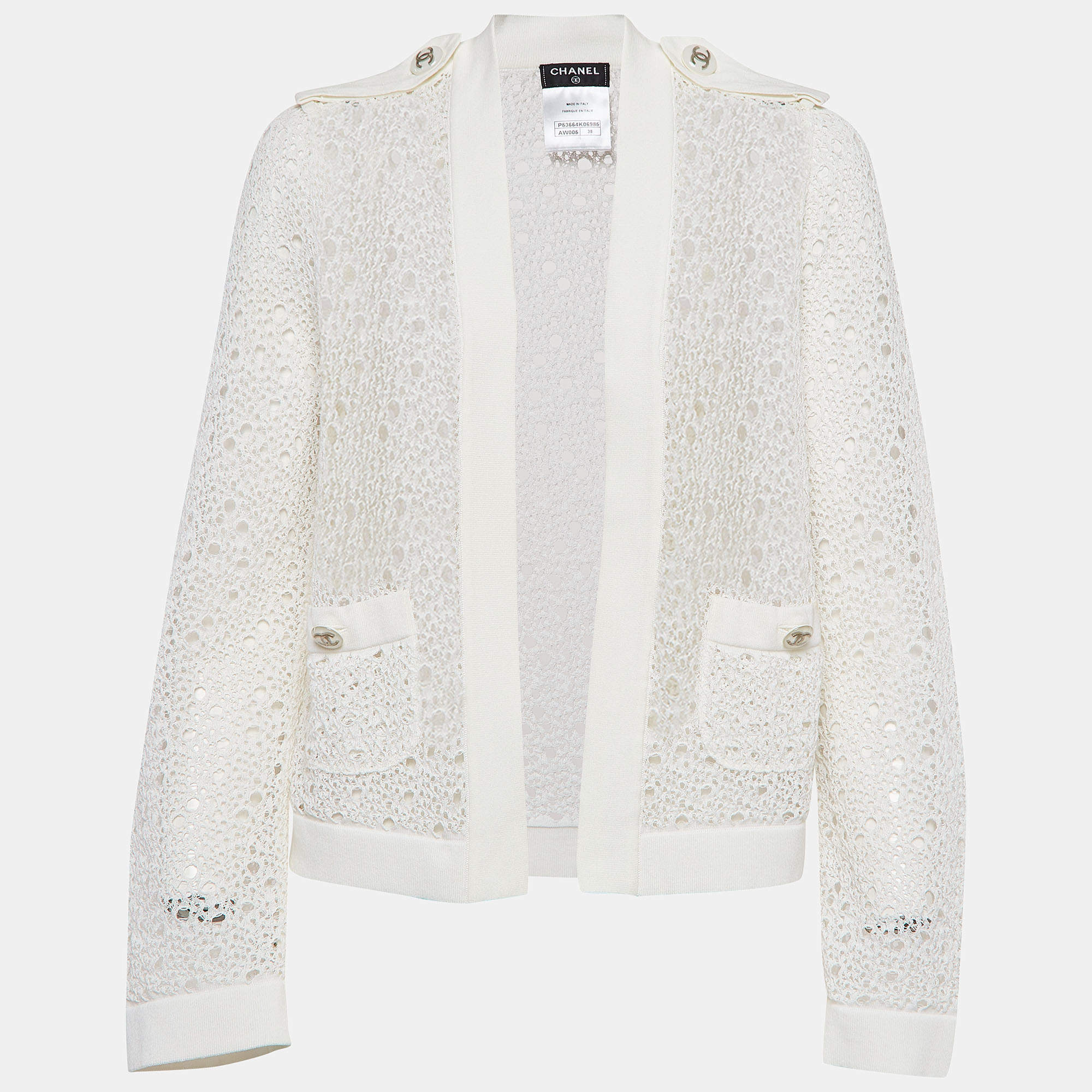 Pre Owned Chanel Off White Perforated Crochet Knit Open Front Cardigan M