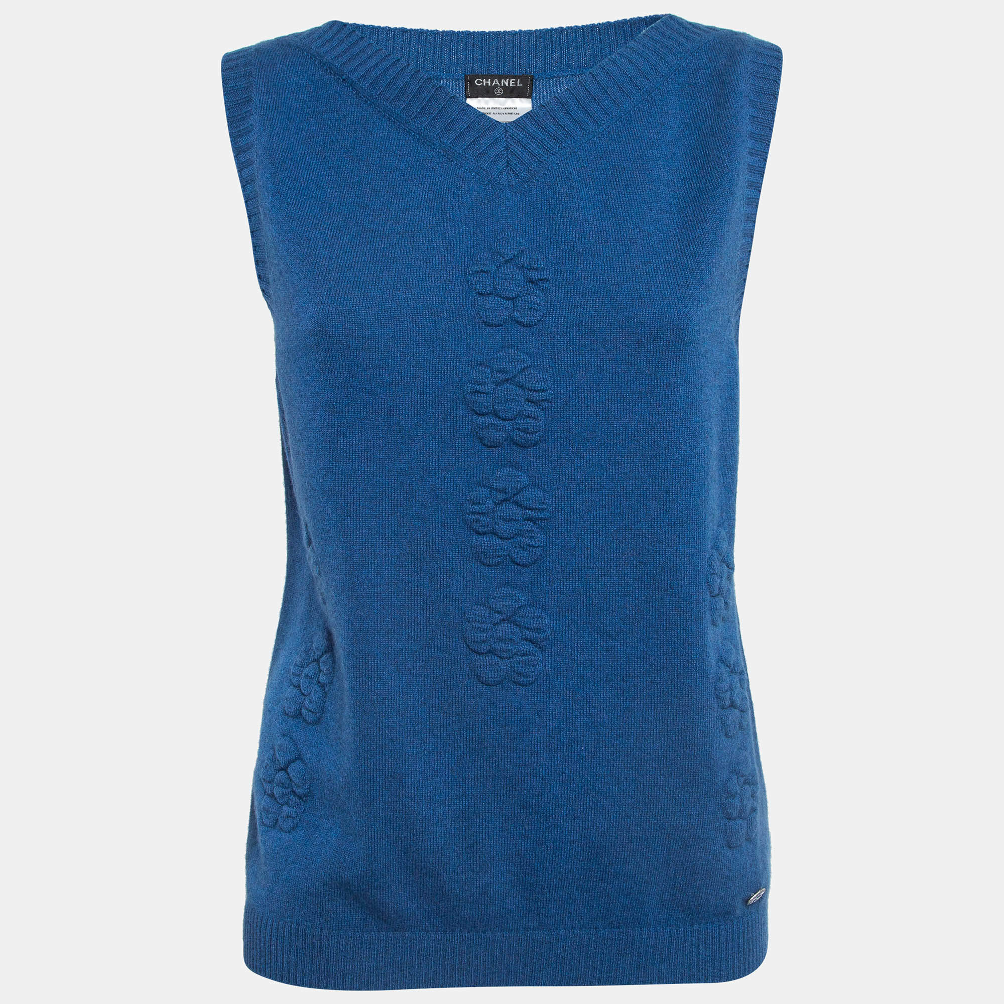 Chanel Blue Floral Textured Cashmere Knit V-Neck Vest M
