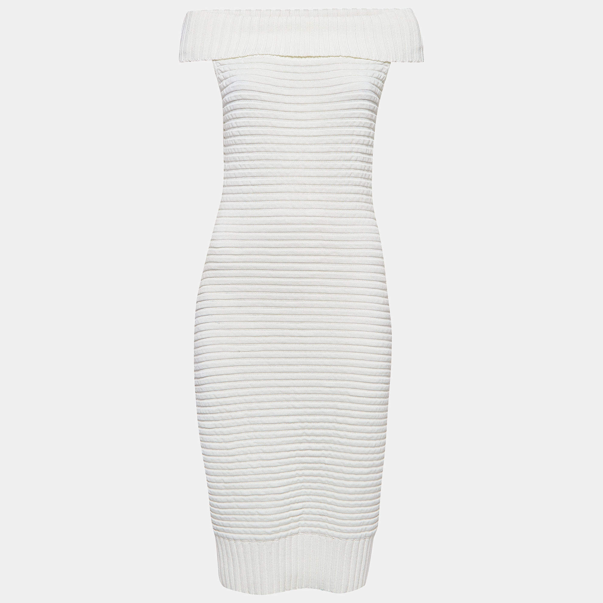 Pre Owned Chanel White Cotton Rib Knit Off-Shoulder Fitted Midi Dress L