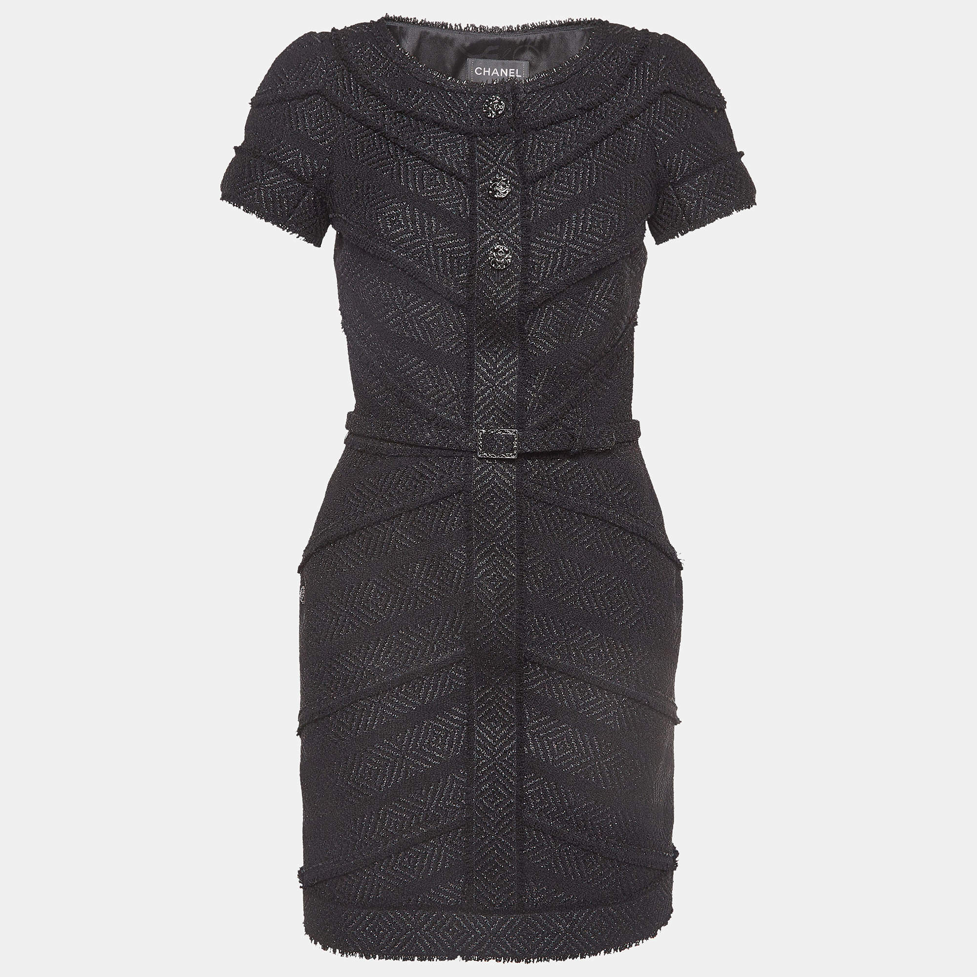 Pre Owned Chanel Black Lurex Tweed Jewel Buttons Detail Belted Mini Dress M