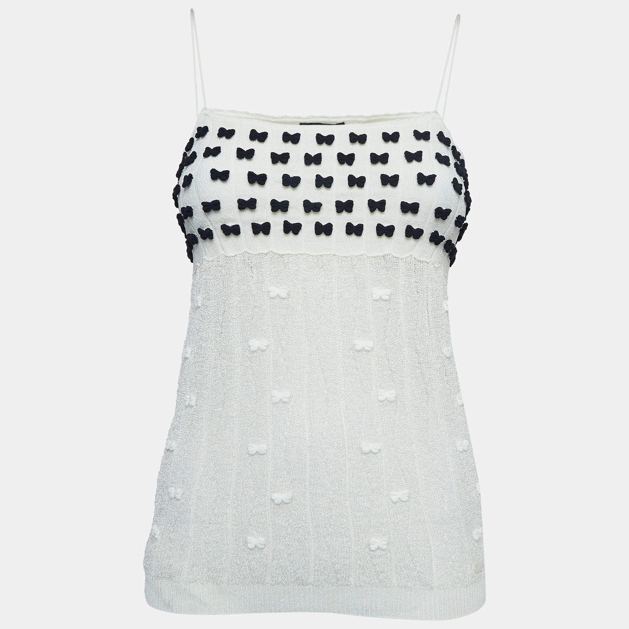 Pre Owned Chanel White Perforated Knit Bow Appliqued Sleeveless Top L