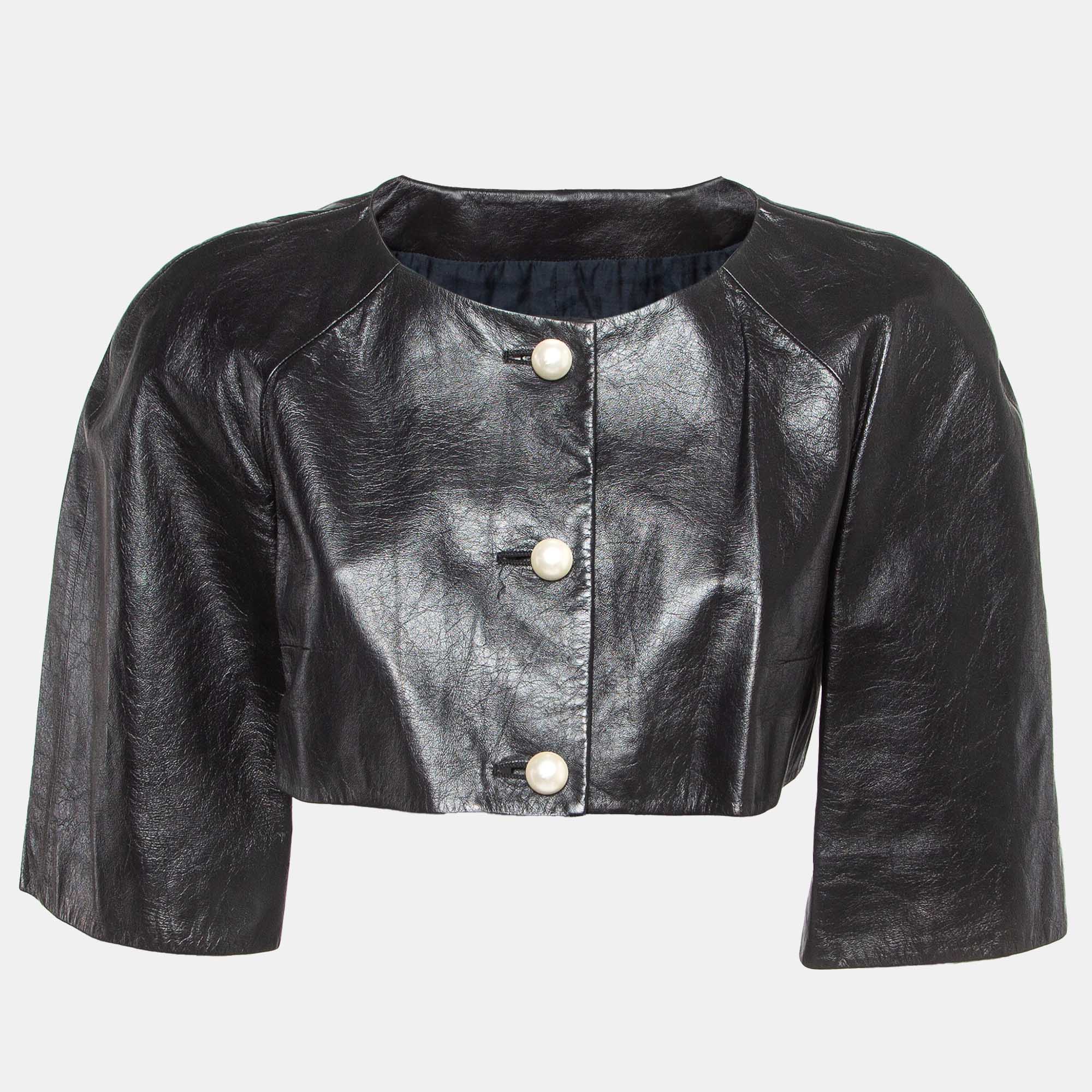 Pre Owned Chanel Black Leather Pearl Button Detail Cropped Jacket M