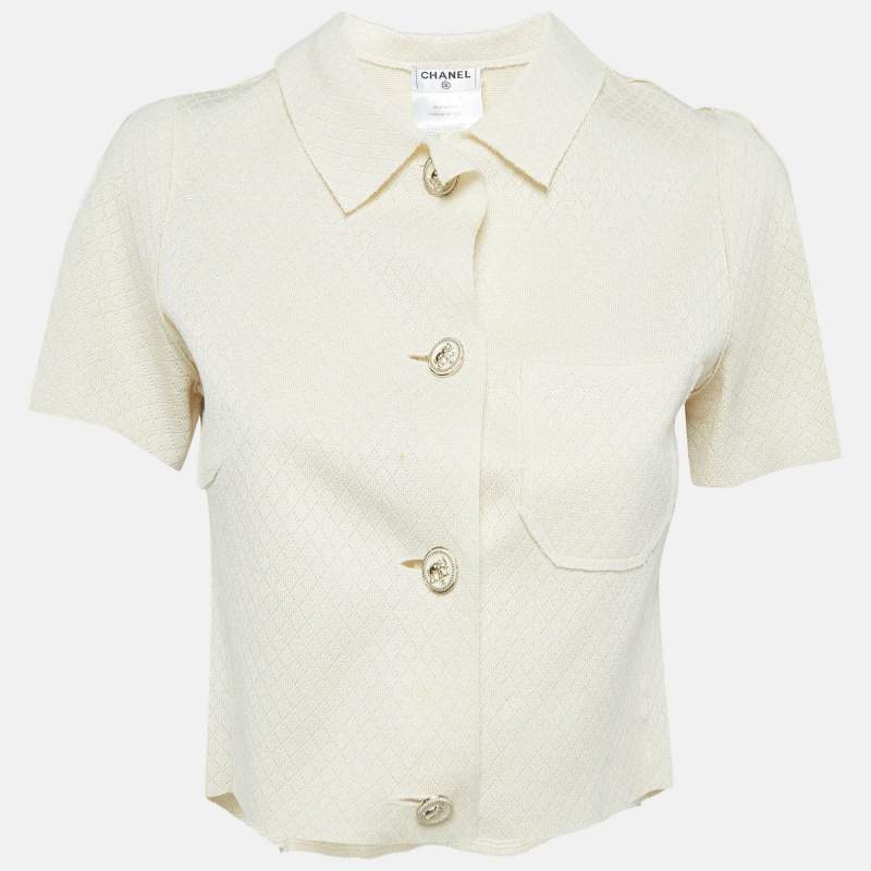 Chanel Off White Lozenge Knit Cropped Shirt S