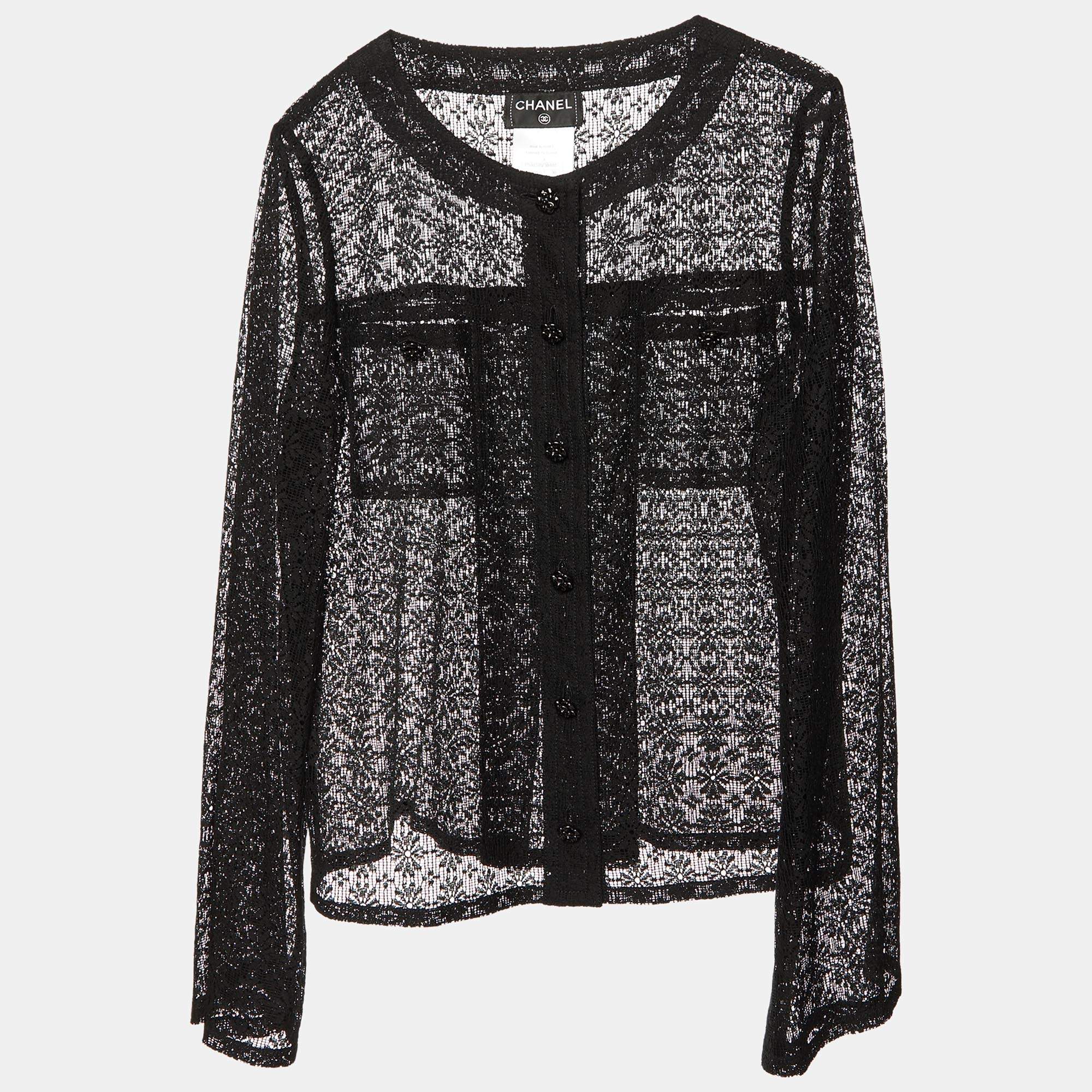 Chanel Black Floral Lace Buttoned Top S