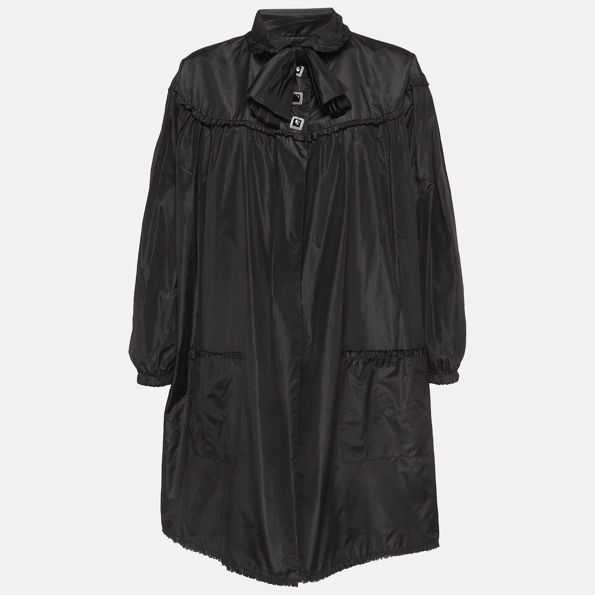 Chanel Black Silk Gathered Yoke Mid-Length Coat M