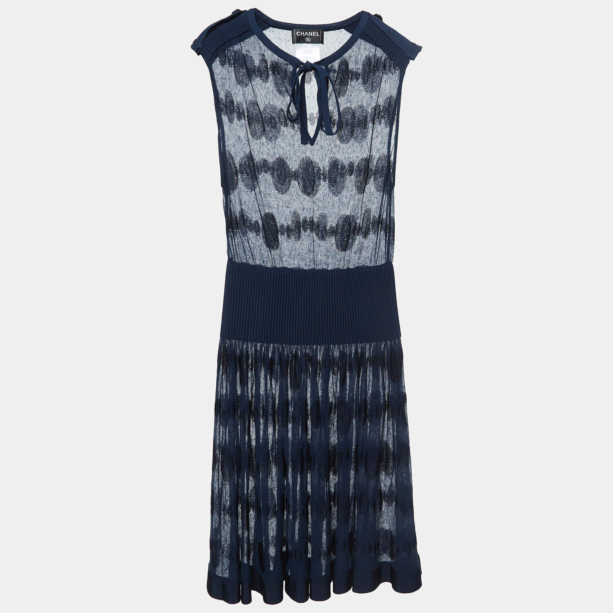 Pre Owned Chanel Navy Blue Polka Dots Knit Short Dress S