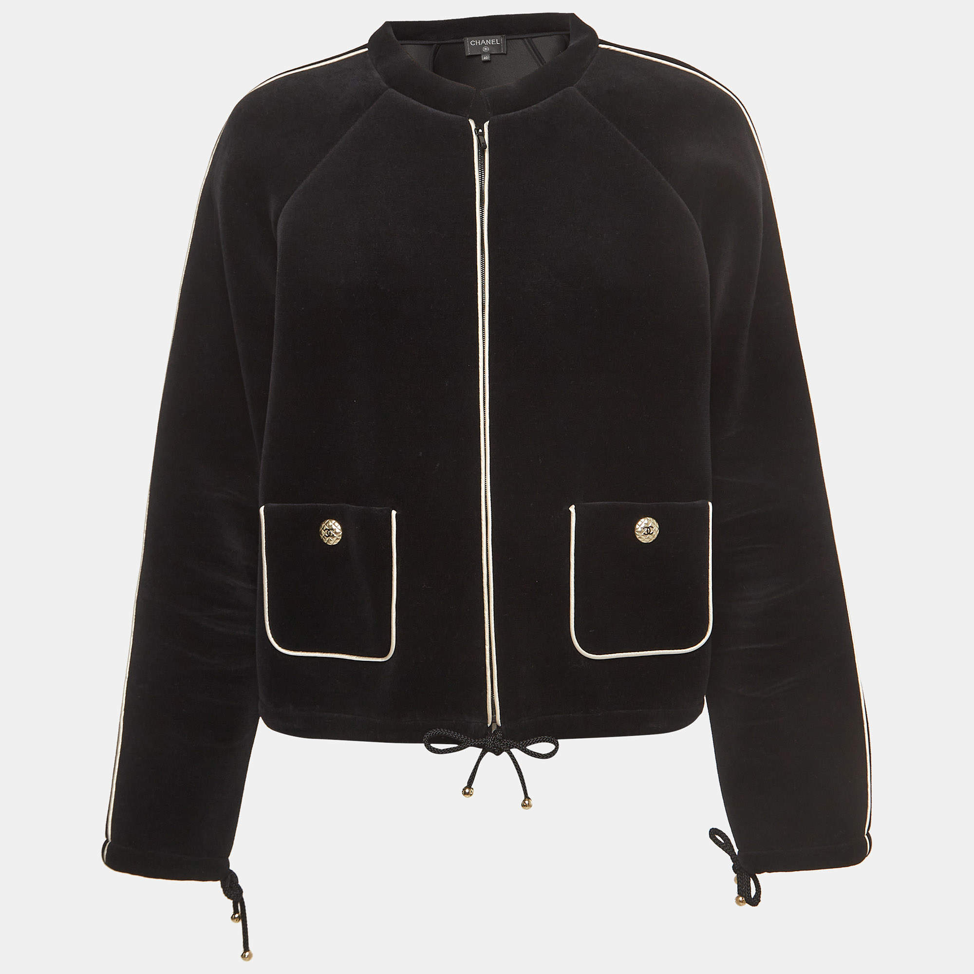 Pre Owned Chanel Black Velvet Contrast Trim Crop Jacket M