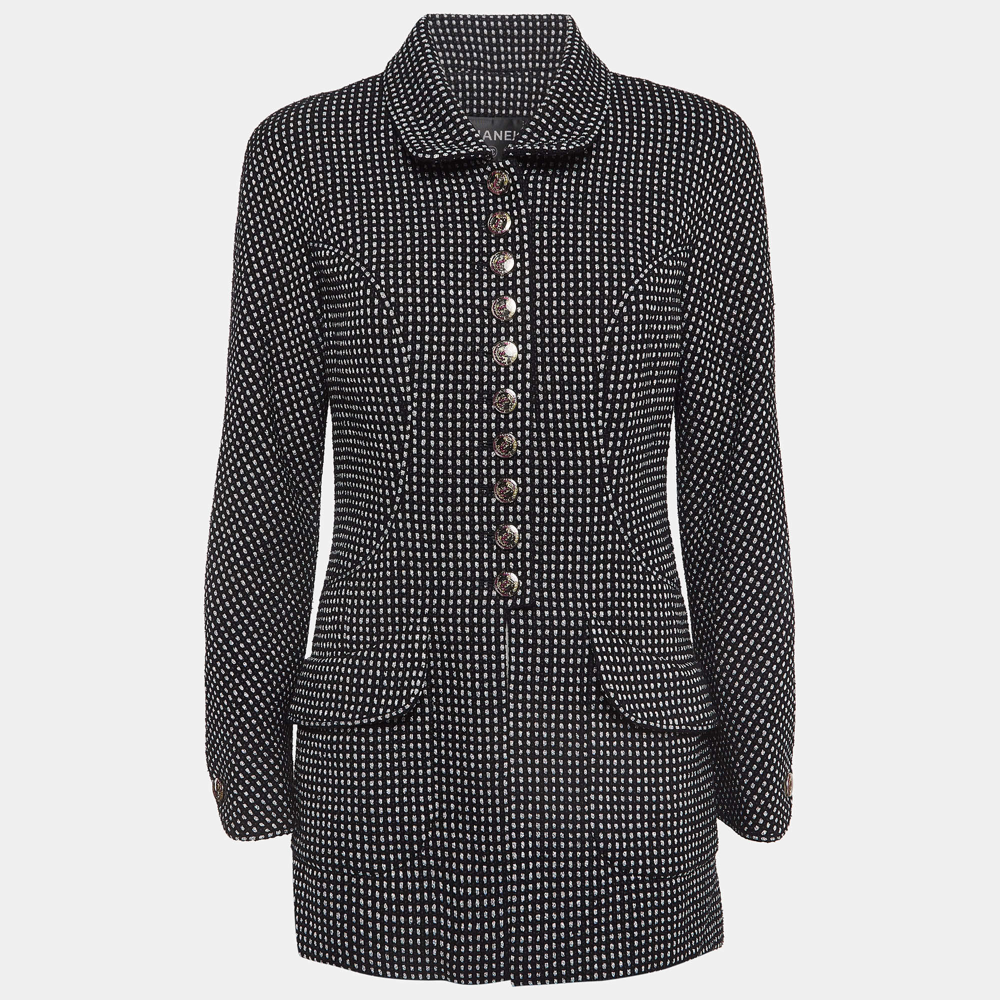 Pre Owned Chanel Black and Metallic Silver Tweed Coat M