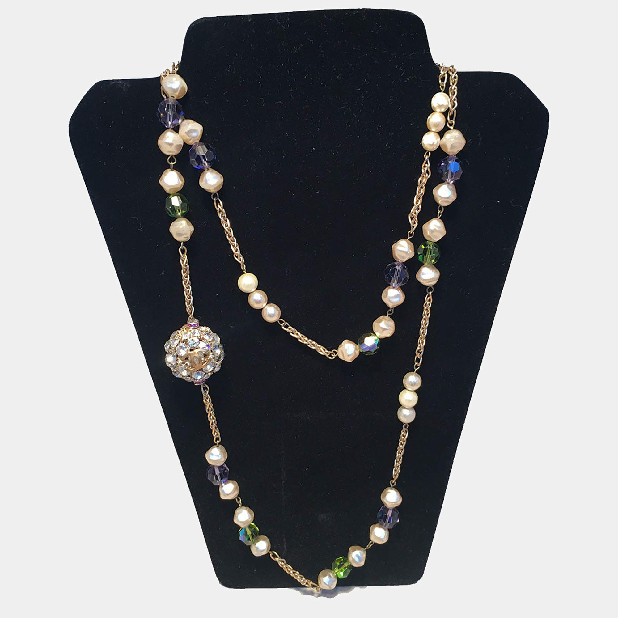 Chanel Vintage Pearl And Green And Purple Beaded Necklace With Crystal Ball