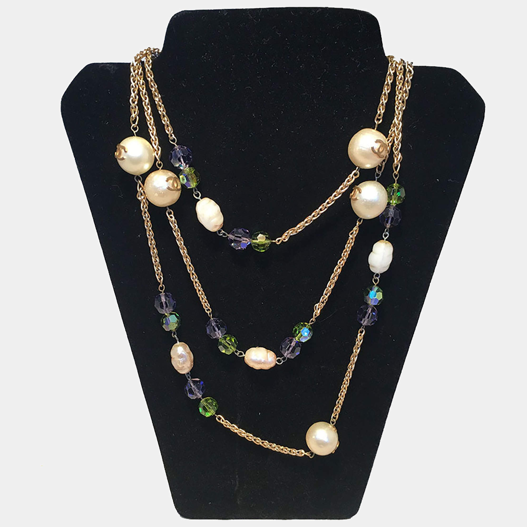 Chanel Vintage Large Pearls And Green And Purple Crystal Bead Gold Necklace