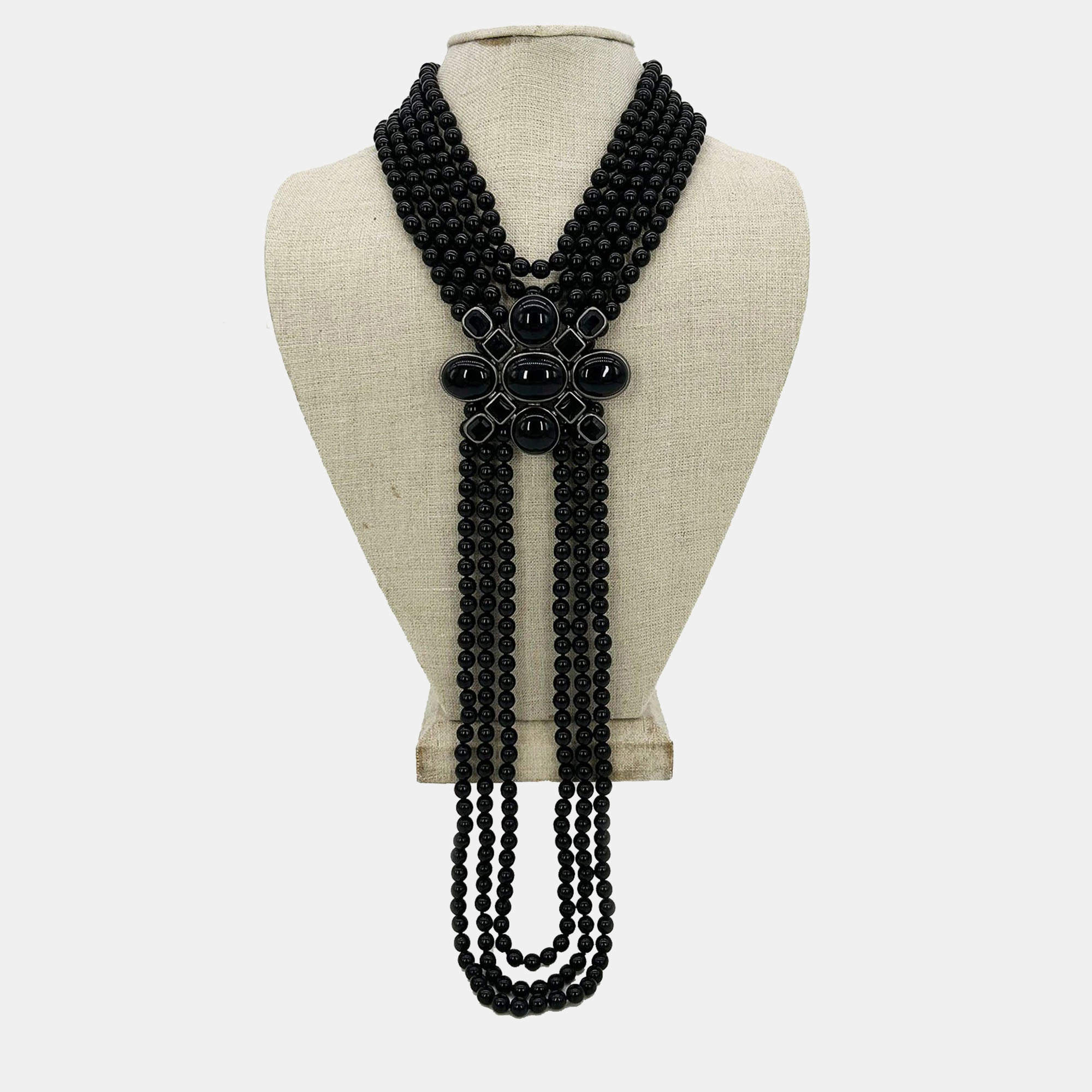 Chanel Black Beaded Multi Strand Emblem Necklace