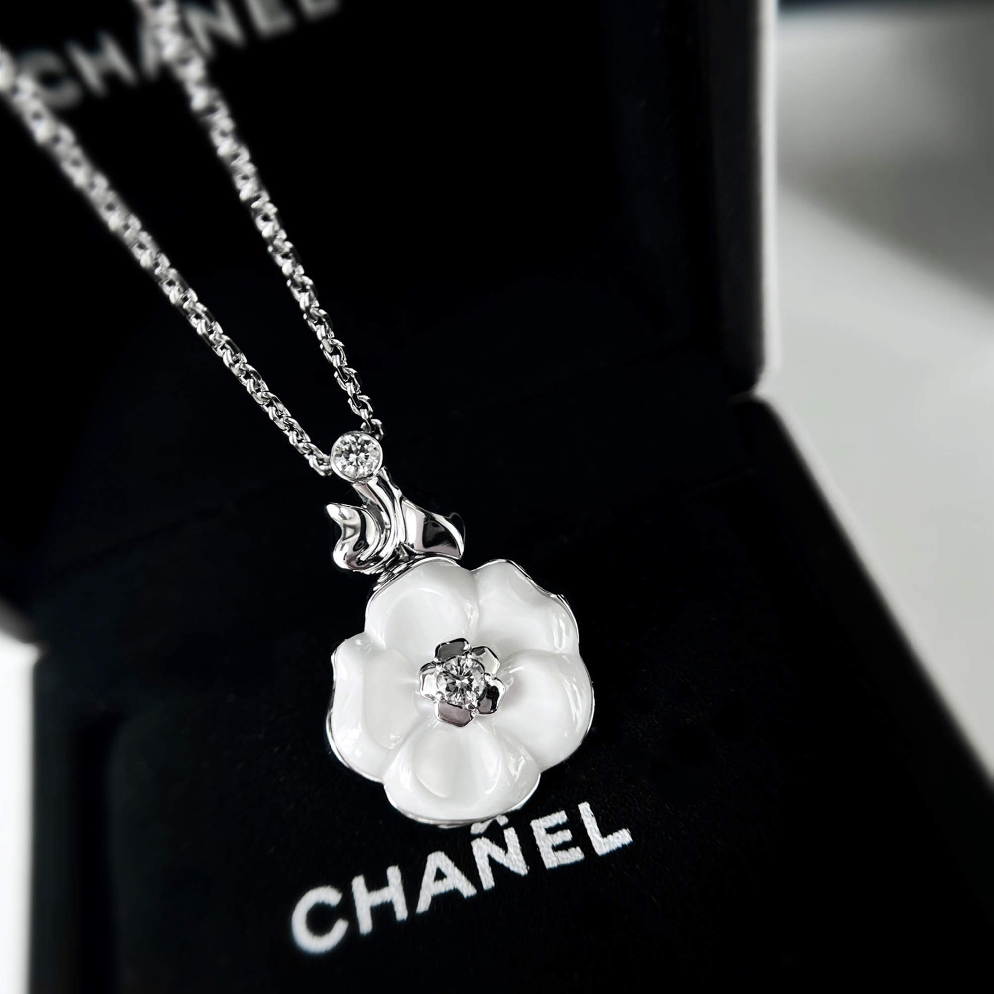 Chanel 18K White Gold Camelia White Ceramic Diamond Camellia Flower Necklace
