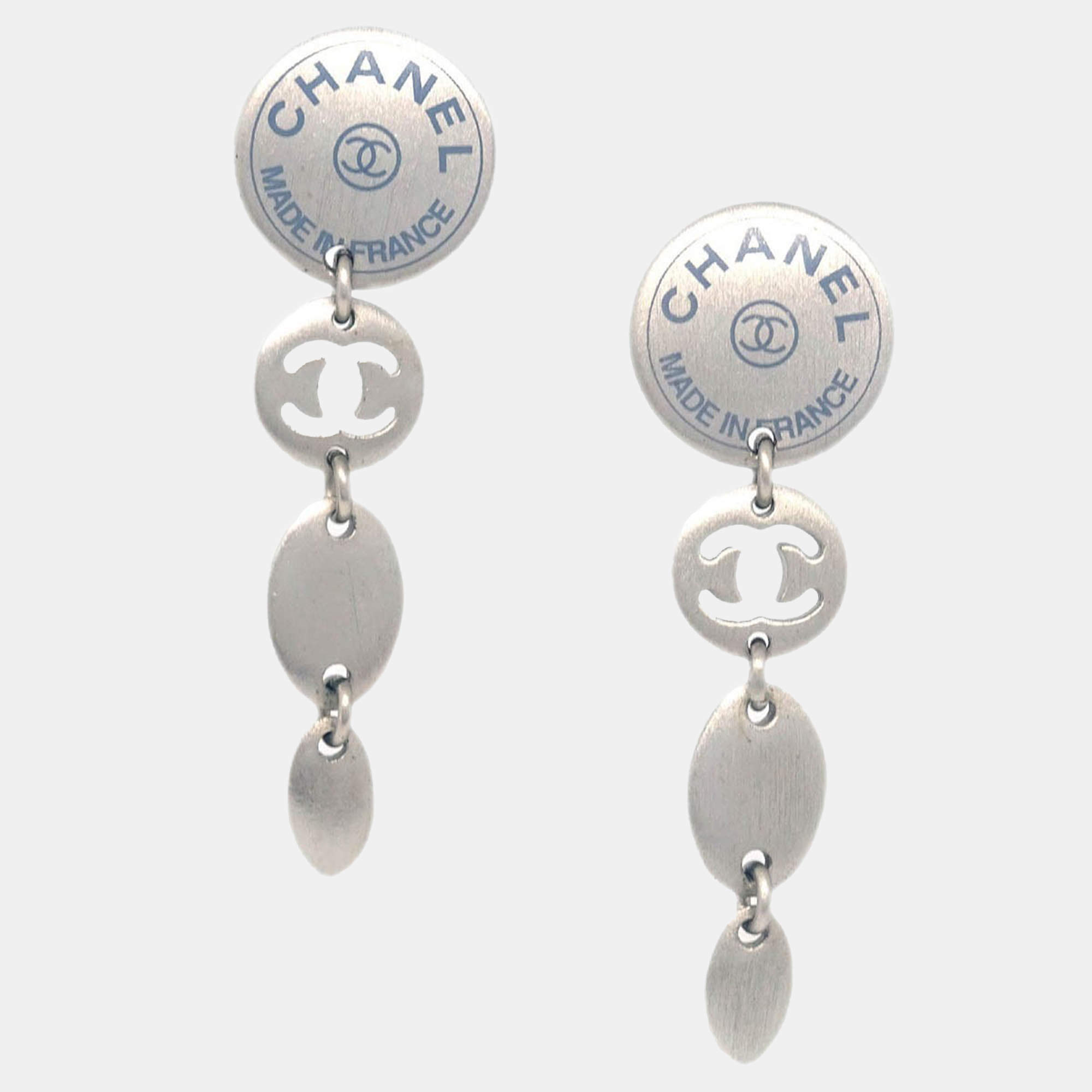 Pre Owned Chanel Button Silver Dangle Piercing Earrings