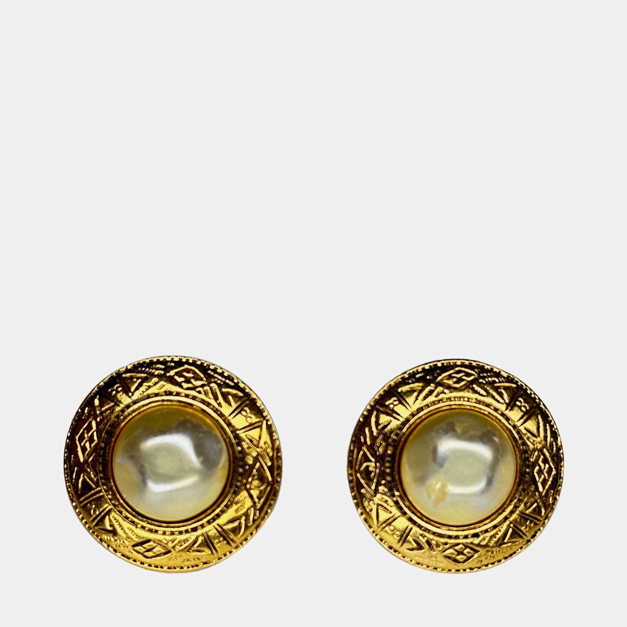 Pre Owned Chanel Vintage Aztec Design and Pearl Clip On Earrings