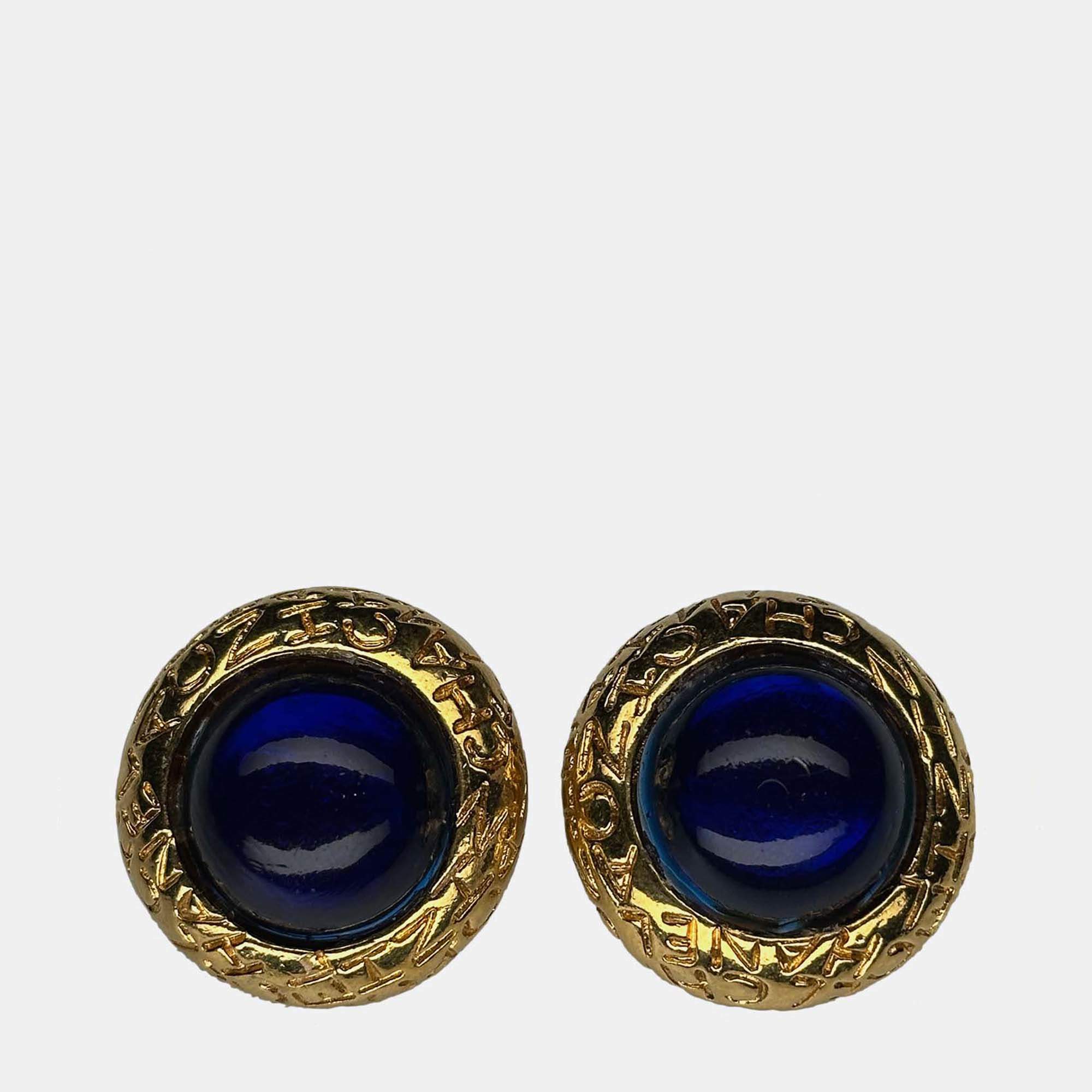 Pre Owned Chanel Vintage Blue and Gold Clip On Earrings